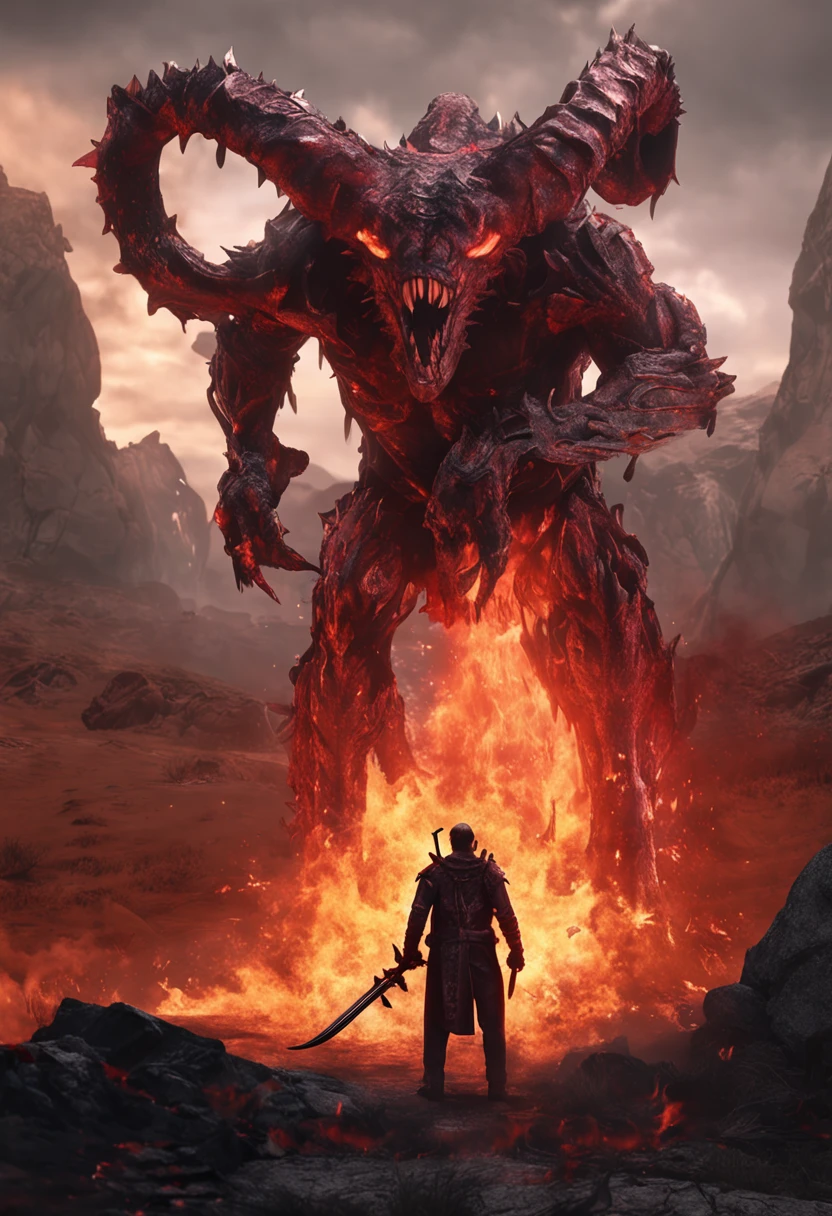 qifenglin; award winning full body portrait of diablo, in front of hell's gate, with a broadsword, fire ambers, horns on head in flames, lost souls,blood and gore outrun, vaporware, digital art, trending on artstation, highly detailed, fine detail, intricate