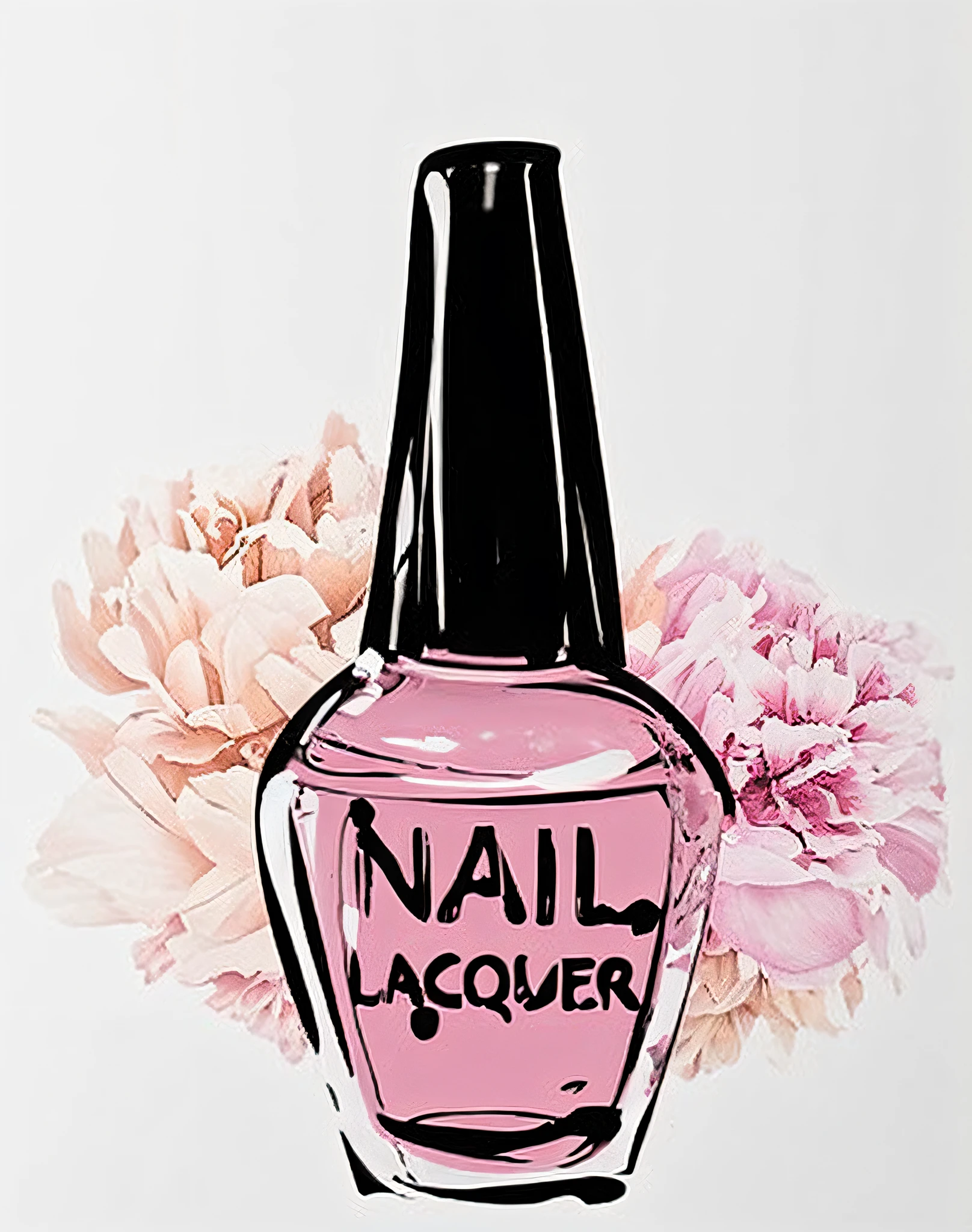 uma pintura de um frasco de esmalte com flores no fundo, nail polish, Directed by: Olivia Peguero, ๐ช ๐จ;๐๐, laqueado, Unhas, ๐จ๐, Ilustrativos!!, prego, Manicured, Polish Hyper - Casual, ๐๐๐โบ๐๐๐, unhas pintadas, illustration, perfume