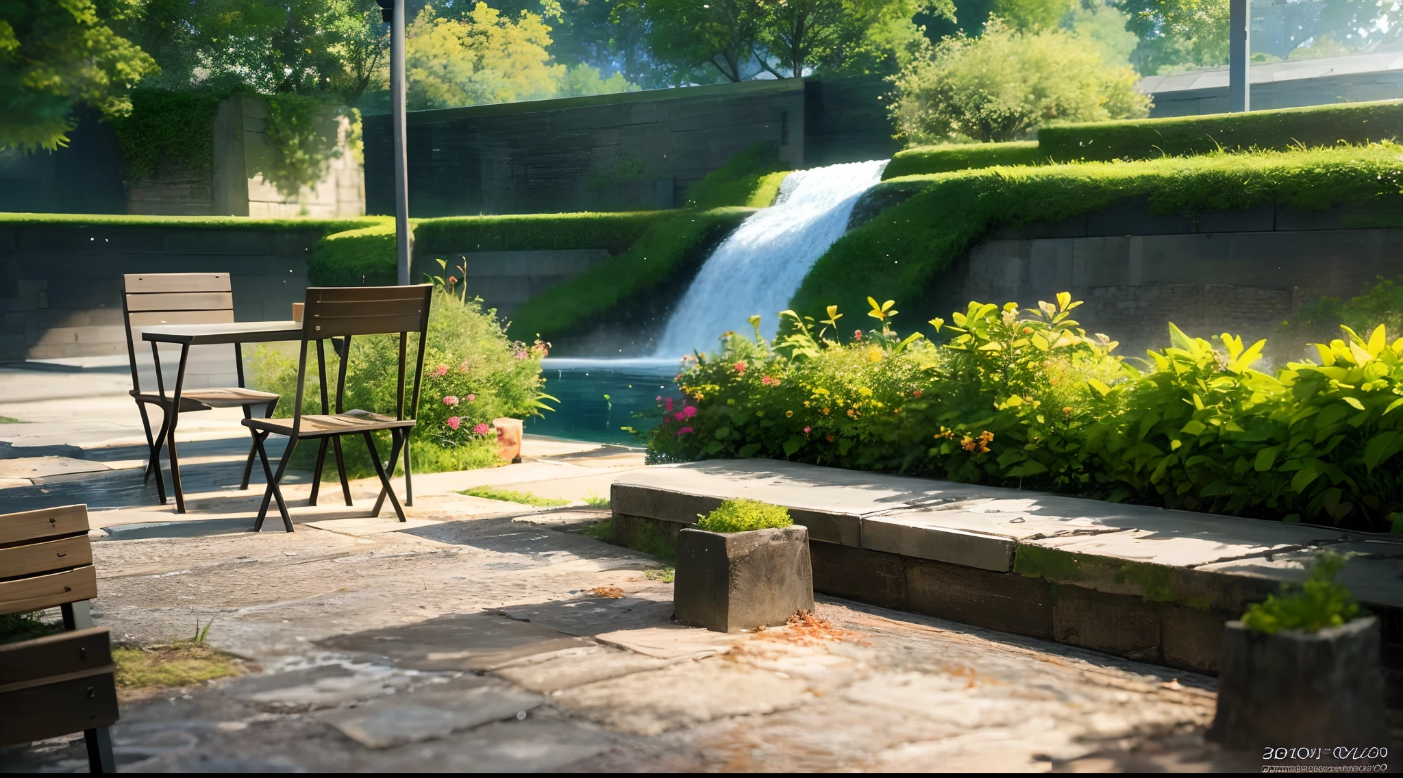 a picture、There are benches and tables in the courtyard with a pond, Ultra detailed scene, realistic scene, Realistic garden, detailed scenery —width 672, photorealistic screenshot, [ 4 k photorealism ], [ 4 k photorealism ]!!, hyper-realistic environment, immensely detailed scene, Scene Rendering, Brutalist Waterfall Environment, looks realistic, fully detailed render