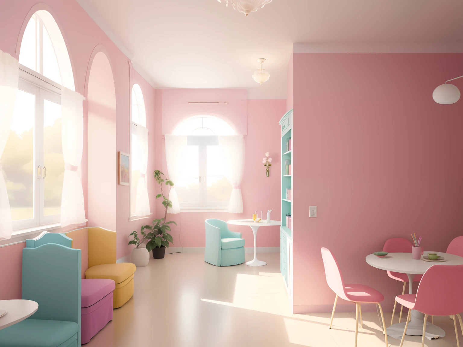 there is a room with a table and chairs in it, rich pastel colors, fantastically pastel colors, in pastel colors, modern pastel colours, bold pastel colors, pink arches, rich vivid pastel colors, cinematic pastel lighting, by Anita Malfatti, by Aleksander Kotsis, pastel colors only, pastel tone, ethereal art deco, rich pastel color palette, (((anime style))) (((Ultra HD))) ((hard edge))