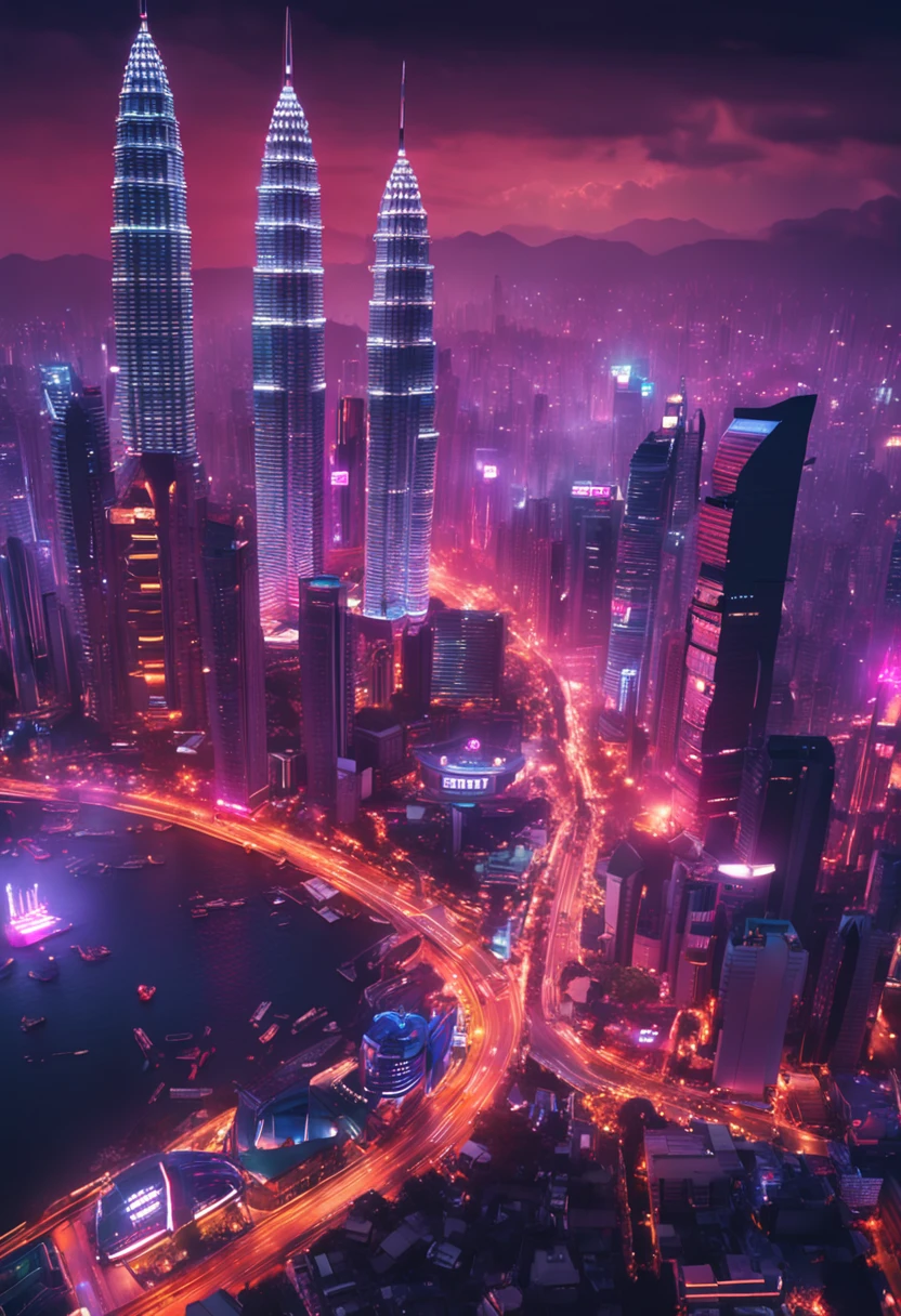 "Urban futuristic cityscape of towering skyscrapers, Neon lights, Bustling streets against the backdrop of a Malaysian metropolis."