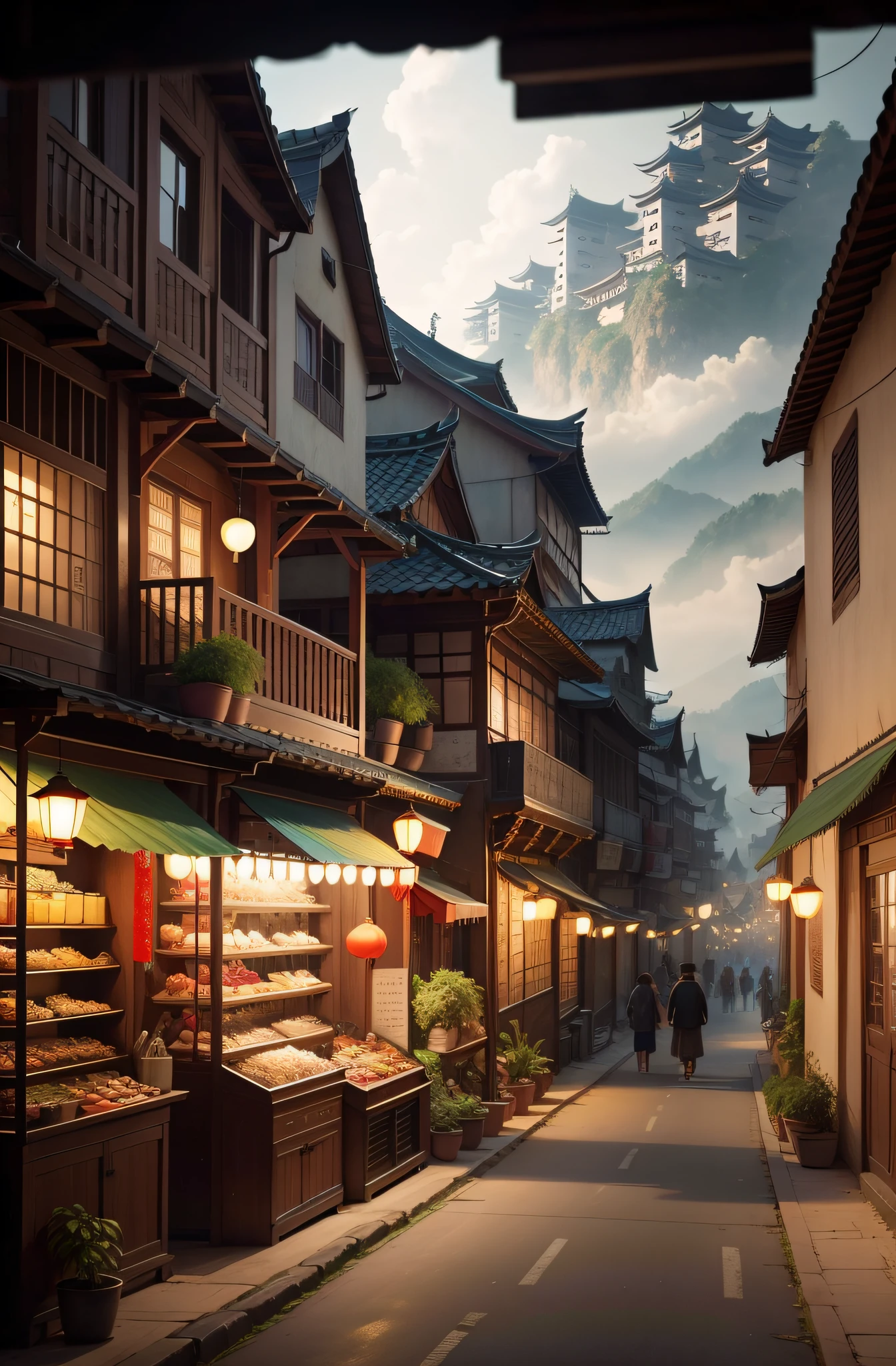 There is a street,There are a lot of buildings,A person walks on it, dreamy Chinese towns, street japan, japanese town, Japan city, Japanese village, old japanese street market, realistic photo of a town, japanese downtown, kyoto inspired, Japan. voluminetric lighting, Japan rural town, japan travel aesthetic, photorealistic streetscape, Realistic anime 3 D style