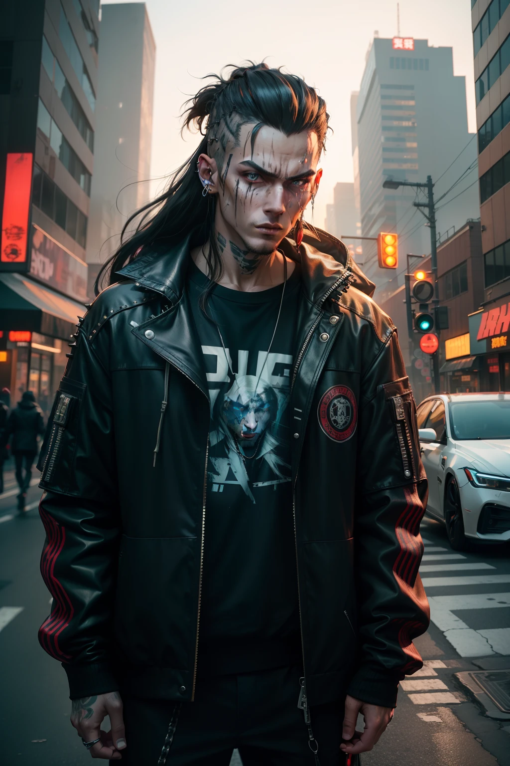 A man from the cyberpunk era,The man was a killer with scars on his face from the stabbing wounds,It looks fierce and vicious,Good facial features,A little ruffian,Wear a windbreaker outfit,Grows medium-long hair,With stud earrings,At this time, he left photos in the city with a very cyberpunk style,The background is on a busy street,Transportation on the road,The infrastructure on the street exudes a cyberpunk atmosphere。