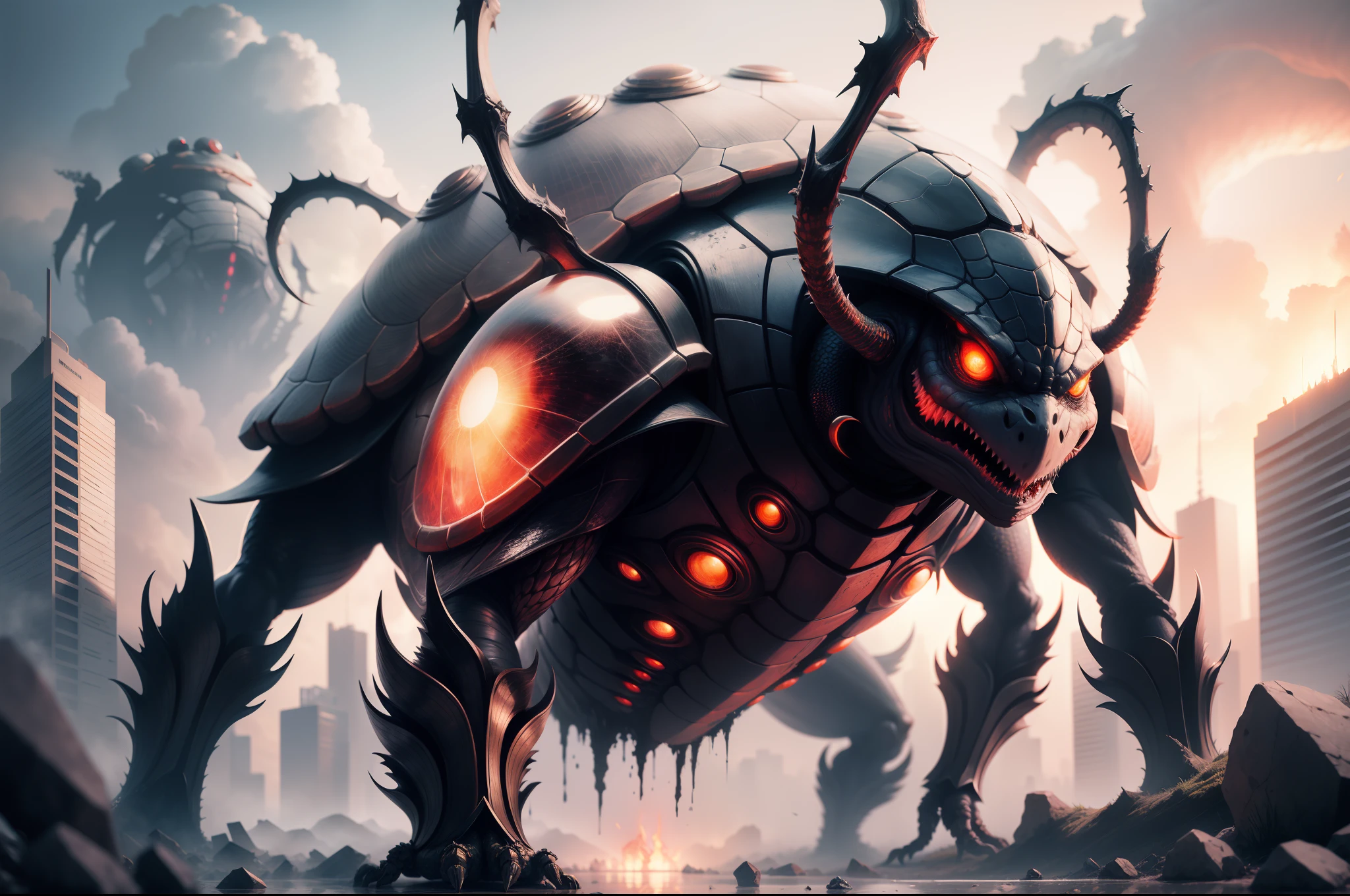 anthropomorphic turtle,Demon spiders,Destroyed cities,Female spiders,k hd,8K,best photograpy,Vitreous luster