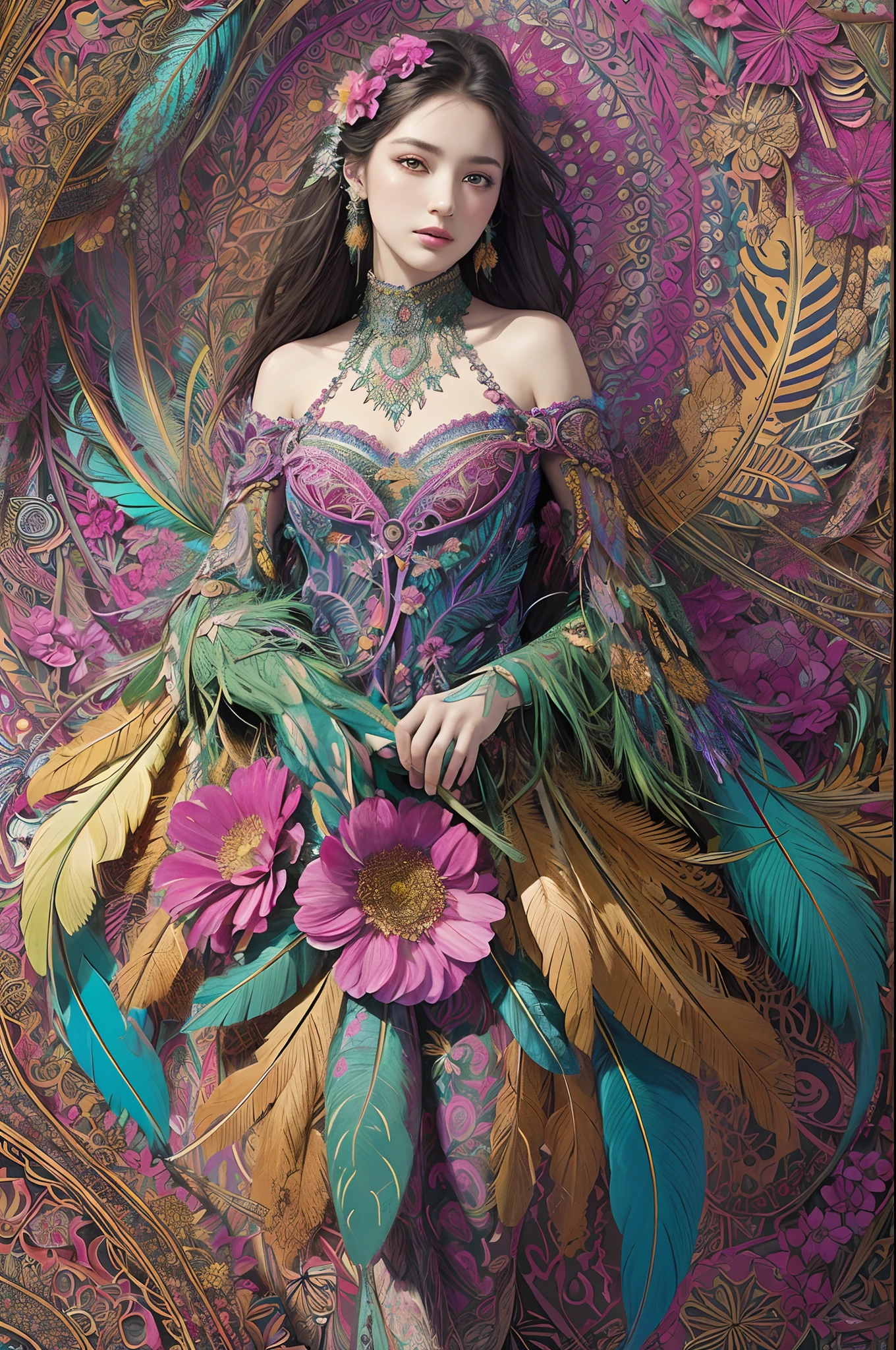 (masterpiece, top quality, best quality, official art, beautiful and aesthetic:1.2), (1girl:1.3), extremely detailed,(fractal art:1.1),(colorful:1.1)(flowers:1.3),highest detailed,(zentangle:1.2), full body, (abstract background:1.3), (shiny skin), (many colors:1.4), ,(earrings), (feathers:1.5),