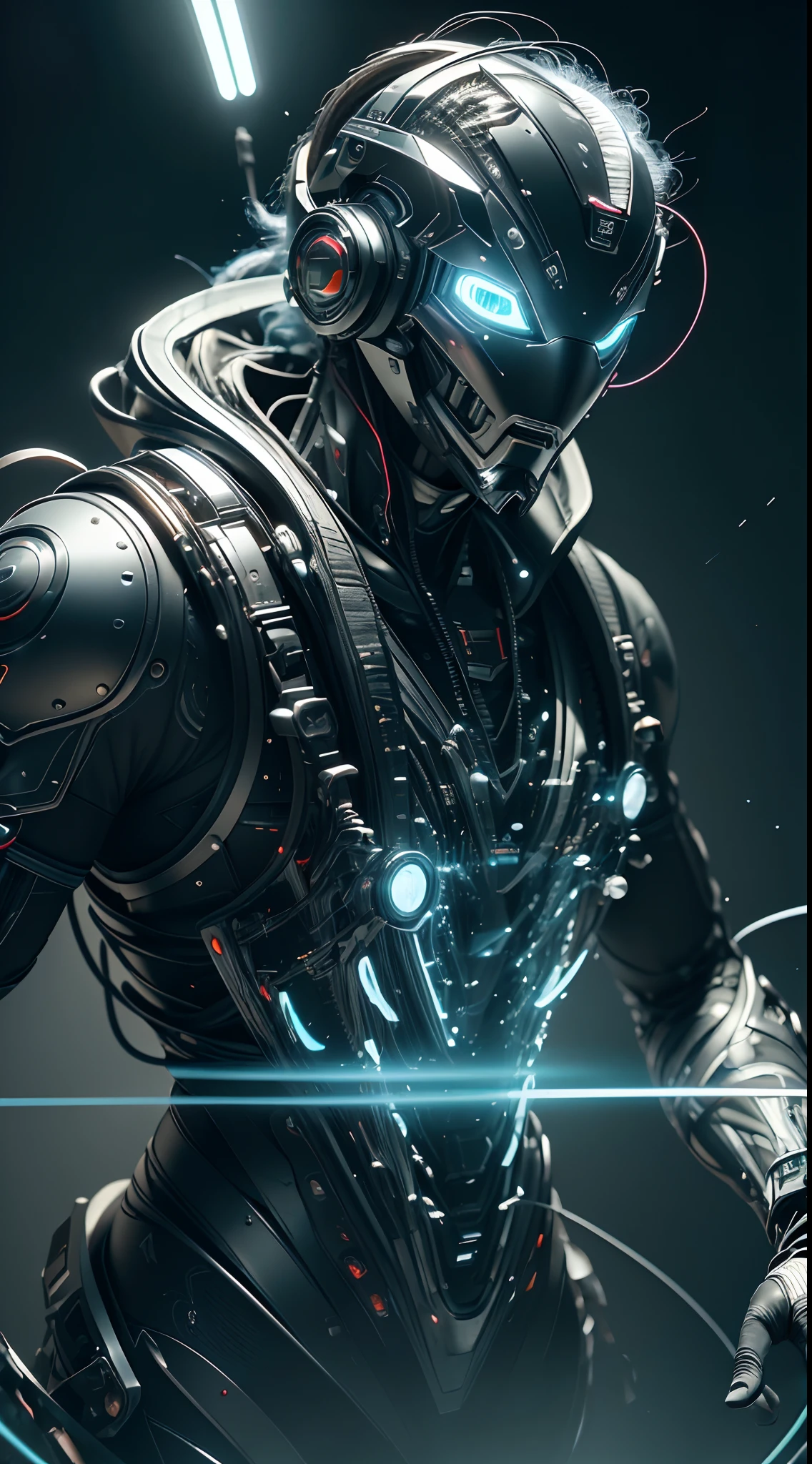 ((Best quality)), ((masterpiece)), (detailed:1.4), 3D, an image of a fully masked cyberpunk male with thick voluminous hair, ripped wires in the background, light particles, pure energy chaos antitech,HDR (High Dynamic Range),Ray Tracing,NVIDIA RTX,Super-Resolution,Unreal 5,Subsurface scattering,PBR Texturing,Post-processing,Anisotropic Filtering,Depth-of-field,Maximum clarity and sharpness,Multi-layered textures,Albedo and Specular maps,Surface shading,Accurate simulation of light-material interaction,Perfect proportions,Octane Render,Two-tone lighting,Wide aperture,Low ISO,White balance,Rule of thirds,8K RAW