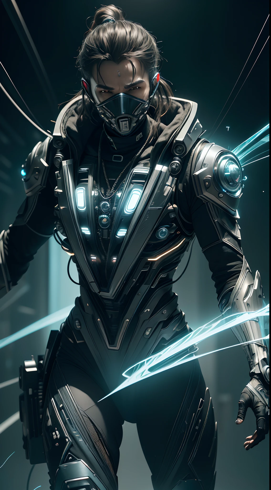 ((Best quality)), ((masterpiece)), (detailed:1.4), 3D, an image of a fully masked cyberpunk male with thick voluminous hair, ripped wires in the background, light particles, pure energy chaos antitech,HDR (High Dynamic Range),Ray Tracing,NVIDIA RTX,Super-Resolution,Unreal 5,Subsurface scattering,PBR Texturing,Post-processing,Anisotropic Filtering,Depth-of-field,Maximum clarity and sharpness,Multi-layered textures,Albedo and Specular maps,Surface shading,Accurate simulation of light-material interaction,Perfect proportions,Octane Render,Two-tone lighting,Wide aperture,Low ISO,White balance,Rule of thirds,8K RAW