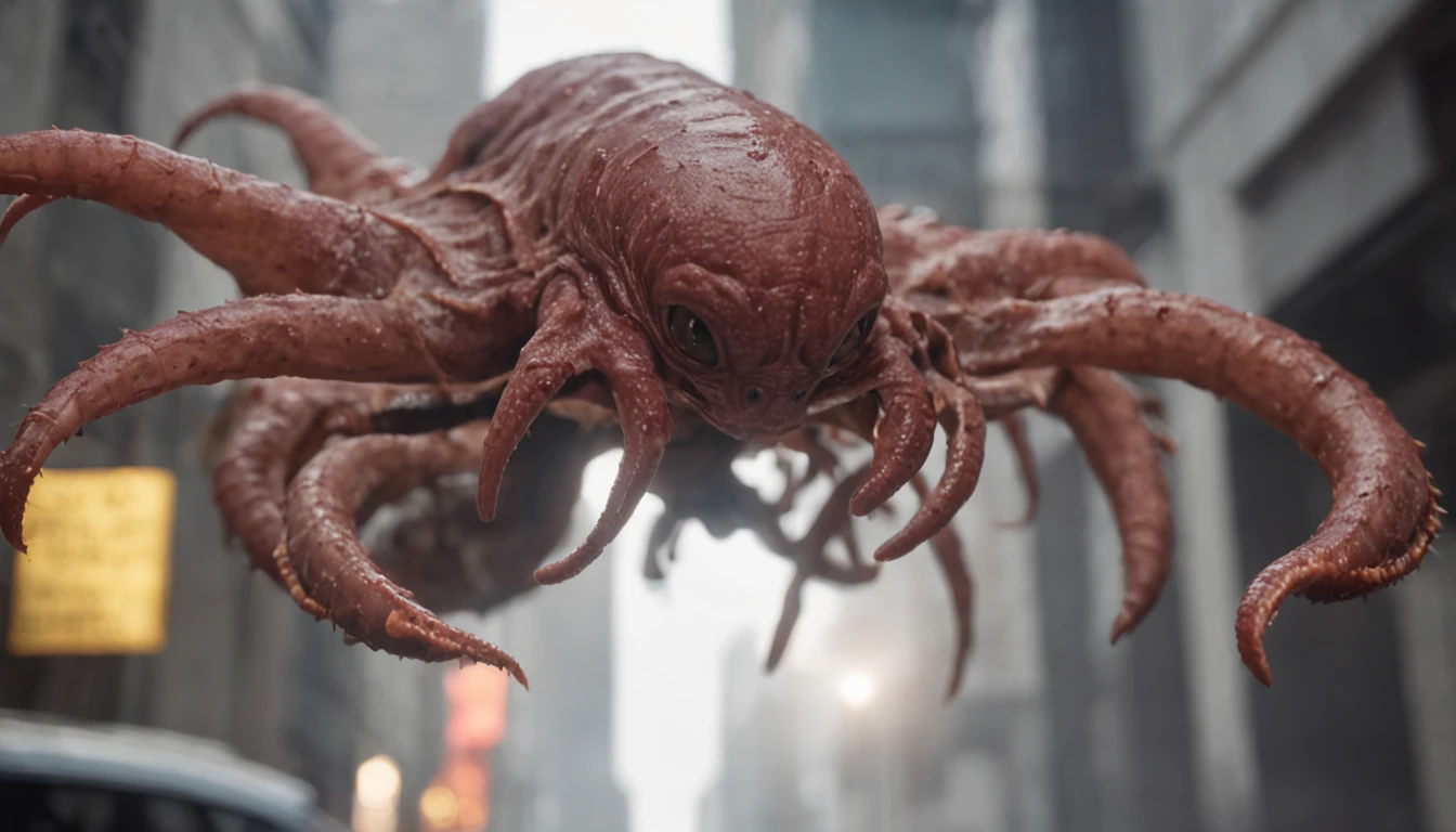 Cinematic texture,Invading aliens,Beef noodles,uncanny, tentaculata,Blood,Full body like,combats,The city was destroyed,of a real,Facial features are carefully depicted,Realistic skin texture,Dark style,depth of fields,high light,Real light,Ray traching,oc rendered,Hyper-realistic,best qualtiy,8K,Works of masters,super-fine,Detailed pubic hair,Correct anatomy,sharp focus on eyes,Bokeh,Facial features are carefully depicted