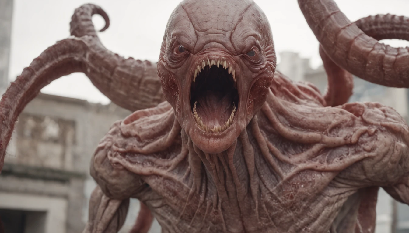 Cinematic texture，Invading aliens，Beef noodles，uncanny， tentaculata，Blood，Full body like，combats，The city was destroyed，of a real，Facial features are carefully depicted，Realistic skin texture，Dark style，depth of fields，high light，Real light，Ray traching，oc rendered，Hyper-realistic，best qualtiy，8K，Works of masters，super-fine，Detailed pubic hair，Correct anatomy，sharp focus on eyes，Bokeh，Facial features are carefully depicted