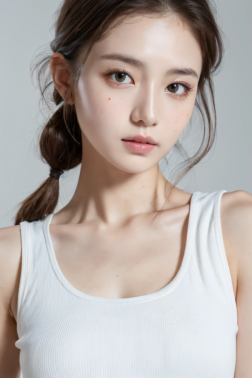 ((Best quality, 8k, Masterpiece :1.3)), 1girl, Pretty woman with emphasizing slender abs :1.3, (random hairstyles :1.2), Oversized tank top :1.2, Ultra-detailed face, Detailed eyes, Double eyelid, armpit