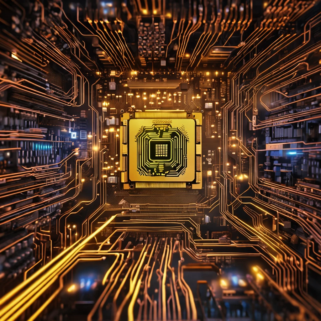 CPU on a mother board, on CPU it must read AI, enphasis on CPU, make the motherboard a bit simpler than reality, lighting effects generating from CPU like it's emmiting to the mother board, drop shadow, stereogram, pov, atmospheric perspective, macro photo, 8k, accurate, best quality