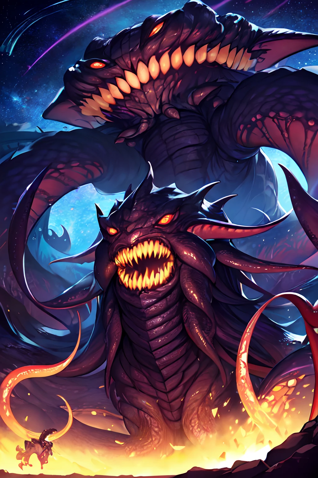 Cthulhu,Monster,Death worms,Drill out of the surface,cartoonish style,,Behemoth of the Abyss,behemoth,buck teeth,Full of tentacles,starry sky bright