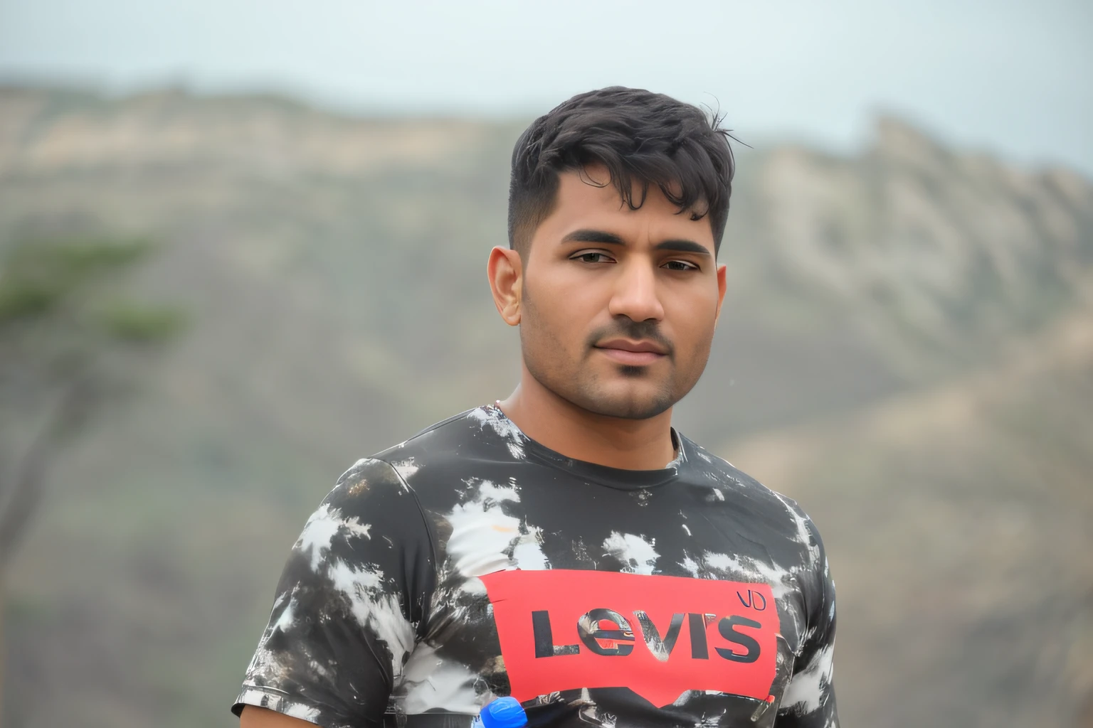 there is a man standing in front of a mountain with a bottle of water, vastayan, taken with canon 8 0 d, photo taken with sony a7r camera, taken with sony a7r camera, khyzyl saleem, taken with canon eos 5 d mark iv, taken with canon 5d mk4, hills in the background,((Night, Real Light, Top Quality, 8k, Masterpiece: 1.3)), Normal Body Shape: 1.4, (Brown Hair, Colossal: 1.8), Sexy Underwear, Ultra Detailed Face, Detailed Eyes, Double Eyelids