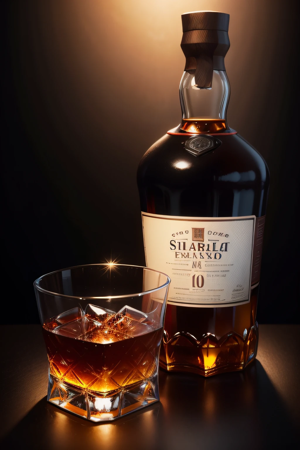 High-quality photograph of a glass of whiskey and a bottle of Red Label whiskey on a black background with studio lighting, con hielo derramado