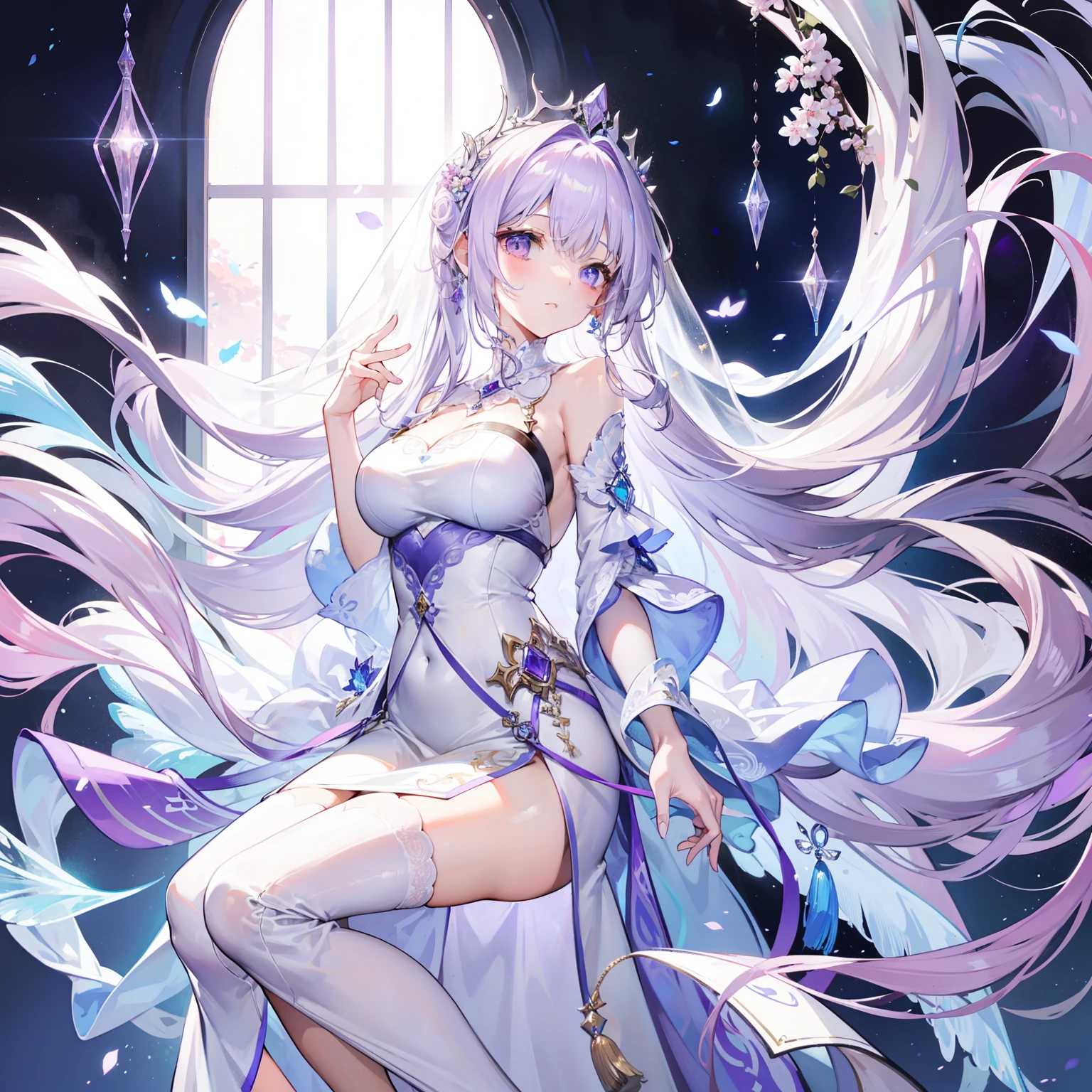 Light lilac fluffy and sparse long hair，Liquid crystal-like，The long wedding dress is as clear as a tassel，Very beautiful beautiful young lady