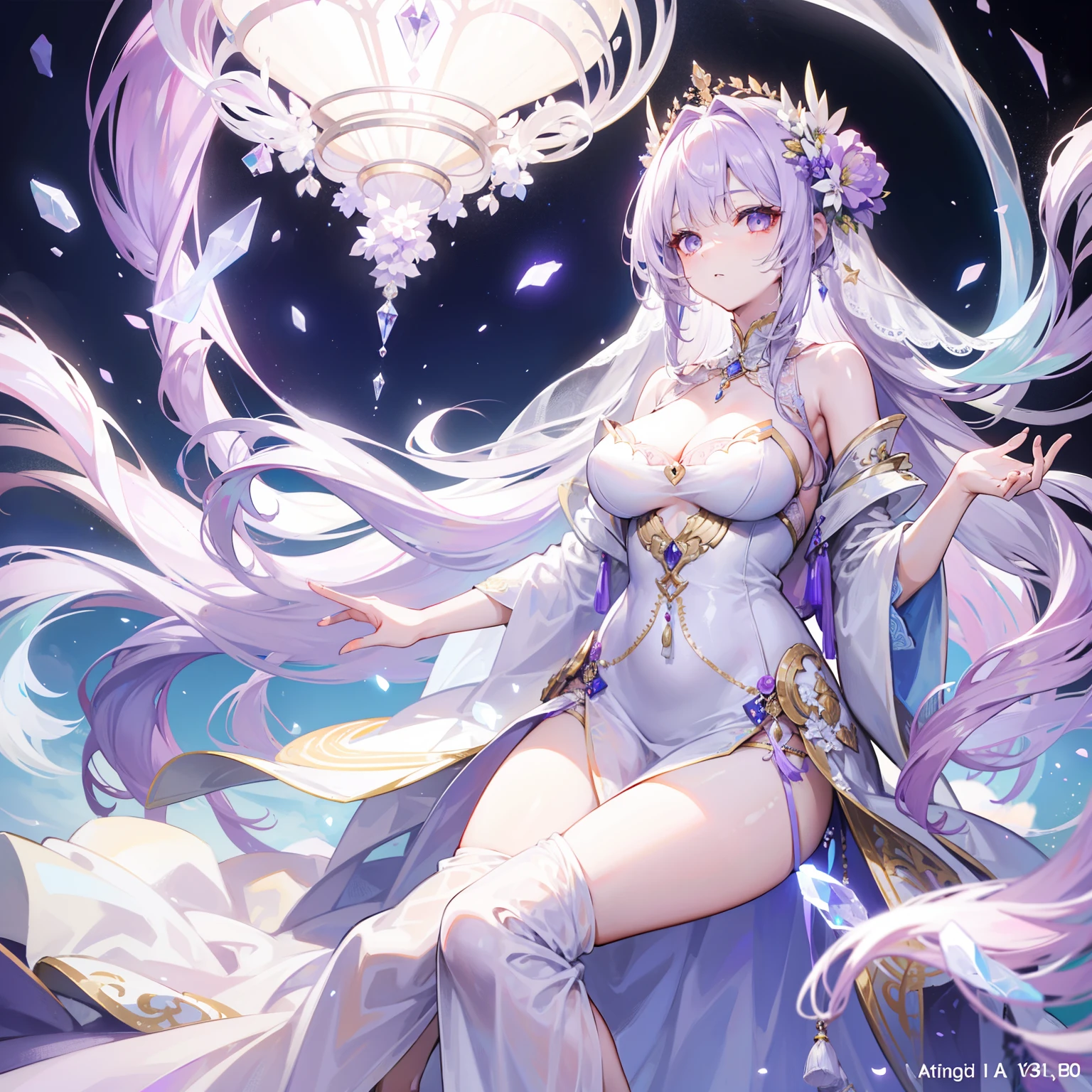 Light lilac fluffy and sparse long hair,Liquid crystal-like,The long wedding dress is as clear as a tassel,Very beautiful beautiful young lady