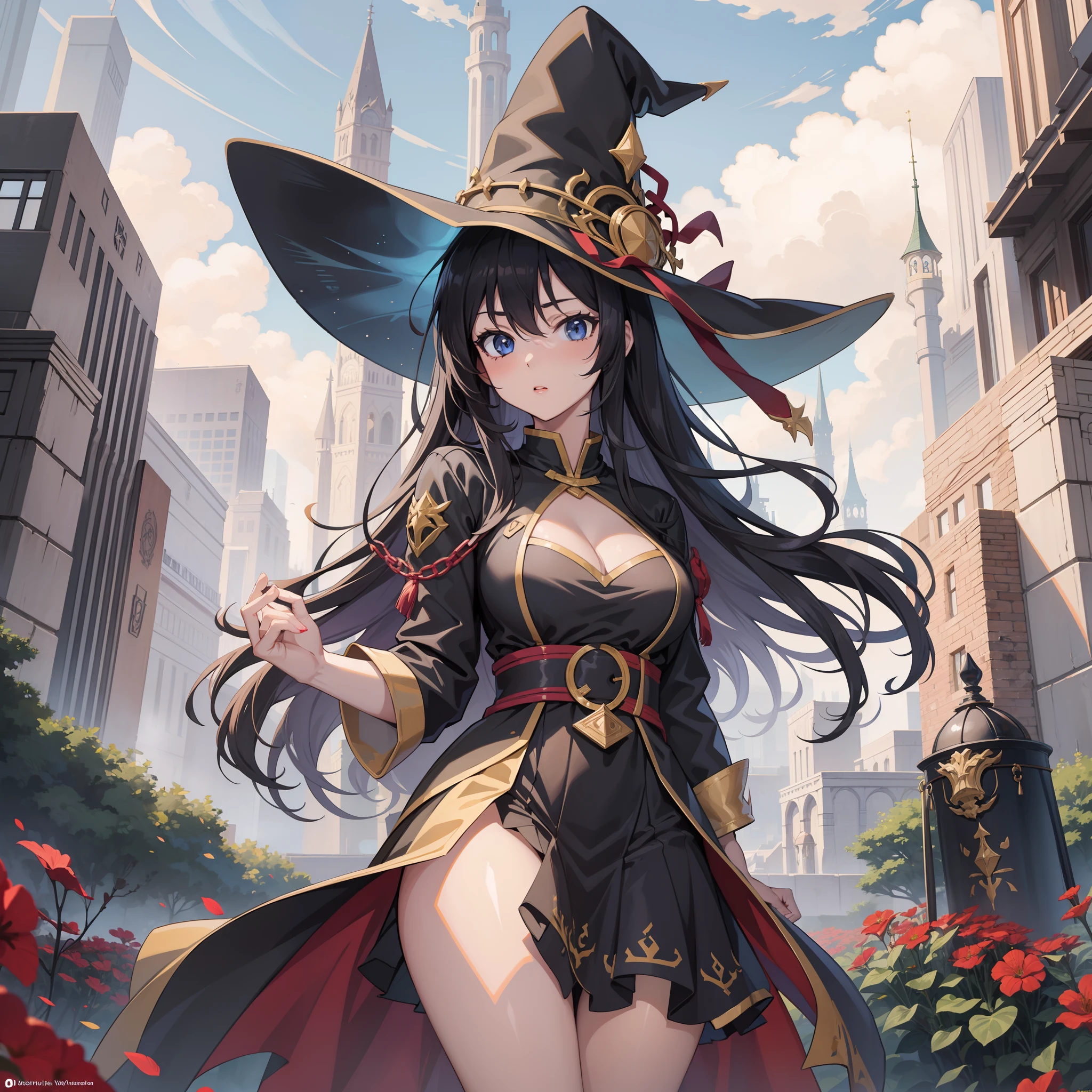 anime girl, black hair, wizard tower, full body shot, sexy, skinny