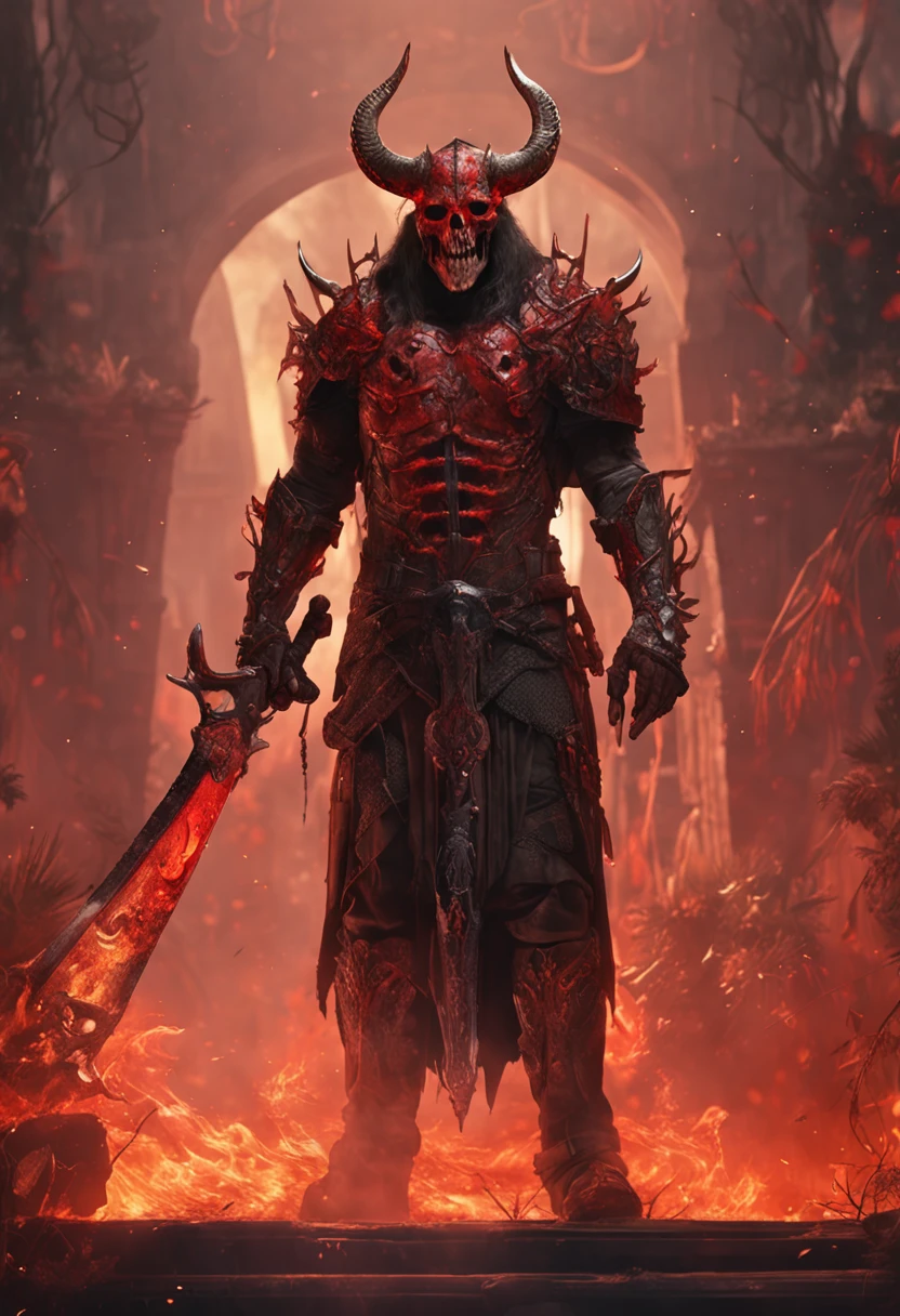 jasonmartin; award winning full body portrait of diablo, in front of hell's gate, with a broadsword, fire ambers, horns on head in flames, lost souls,blood and gore outrun, vaporware, digital art, trending on artstation, highly detailed, fine detail, intricate