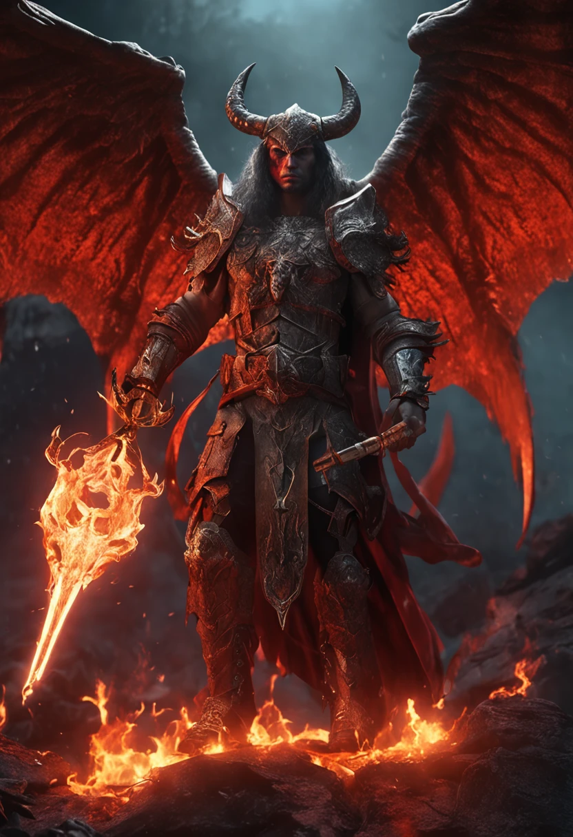jasonmartin; award winning full body portrait of diablo, in front of hell's gate, with a broadsword, fire ambers, horns on head in flames, lost souls,blood and gore outrun, vaporware, digital art, trending on artstation, highly detailed, fine detail, intricate