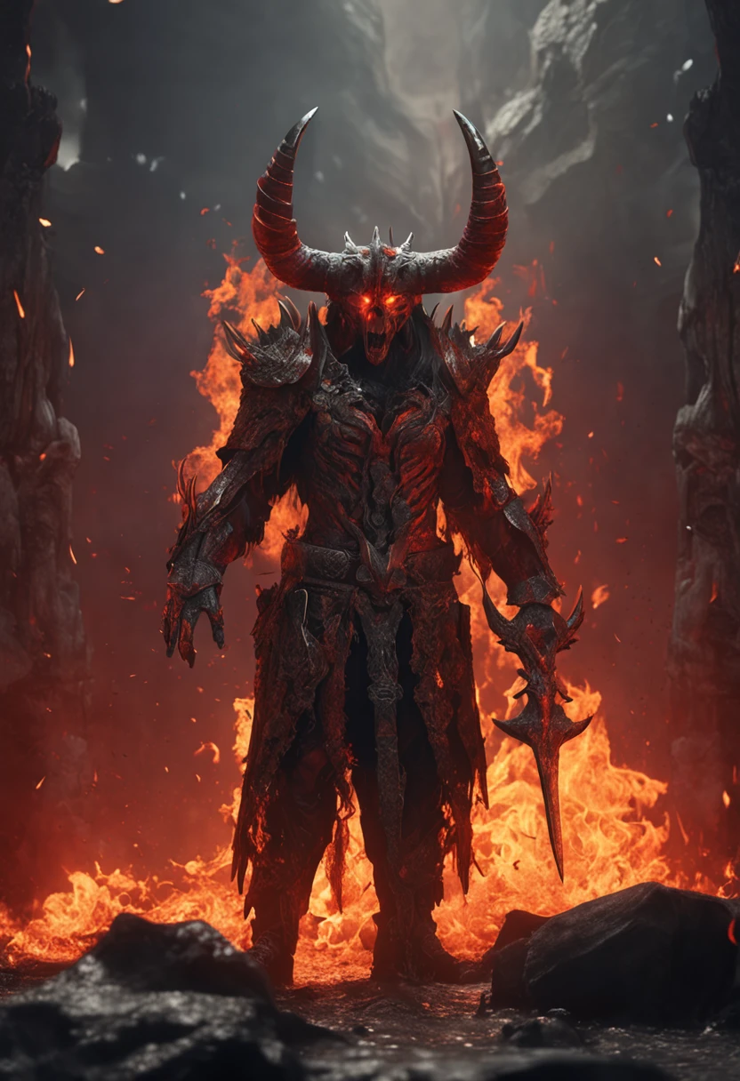 jasonmartin; award winning full body portrait of diablo, in front of hell's gate, with a broadsword, fire ambers, horns on head in flames, lost souls,blood and gore outrun, vaporware, digital art, trending on artstation, highly detailed, fine detail, intricate