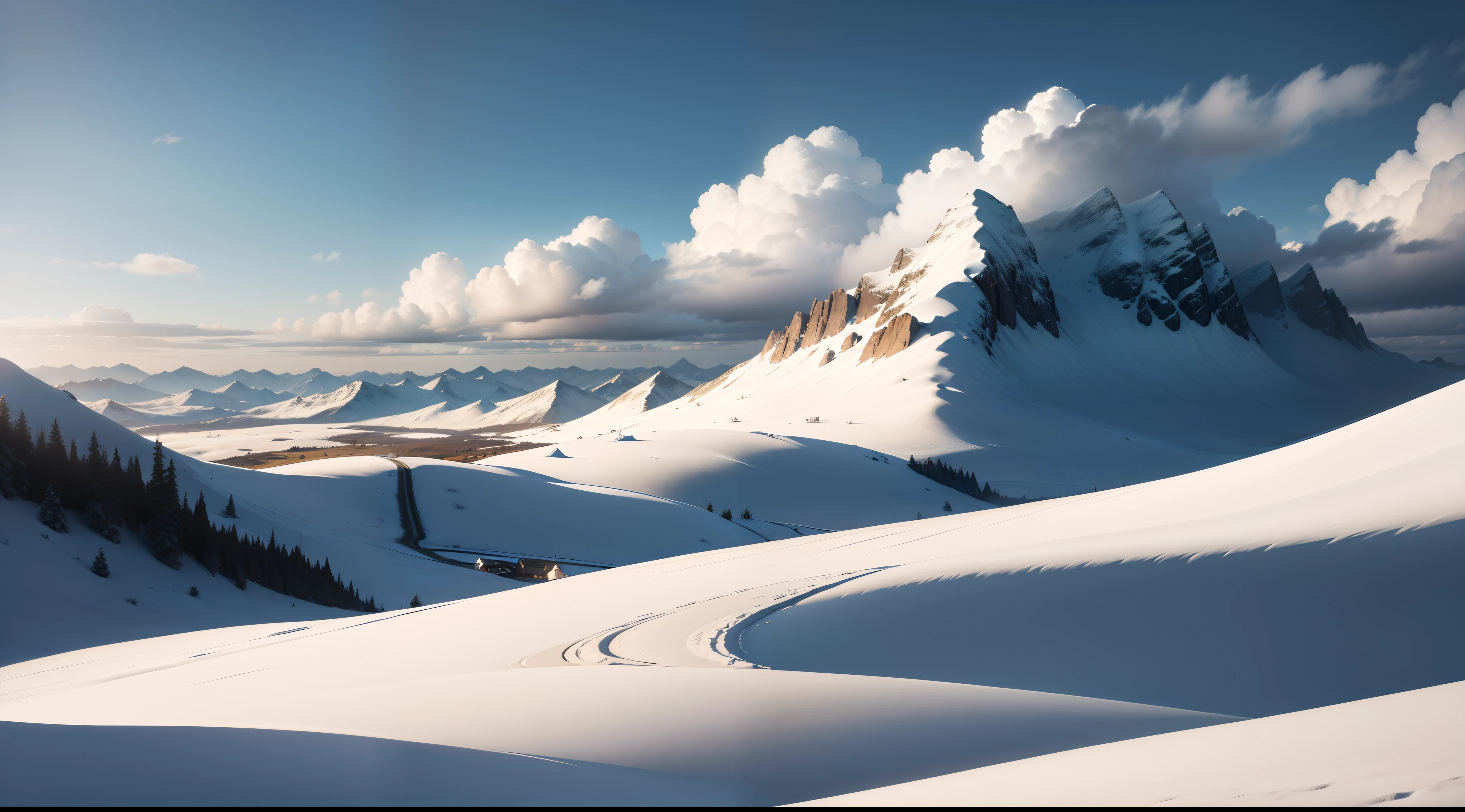 High hills，White snow，grassy fields，ponds，Stereo clouds，Ray traching，reflective light，A high resolution，hyper HD，photorealisti，8k