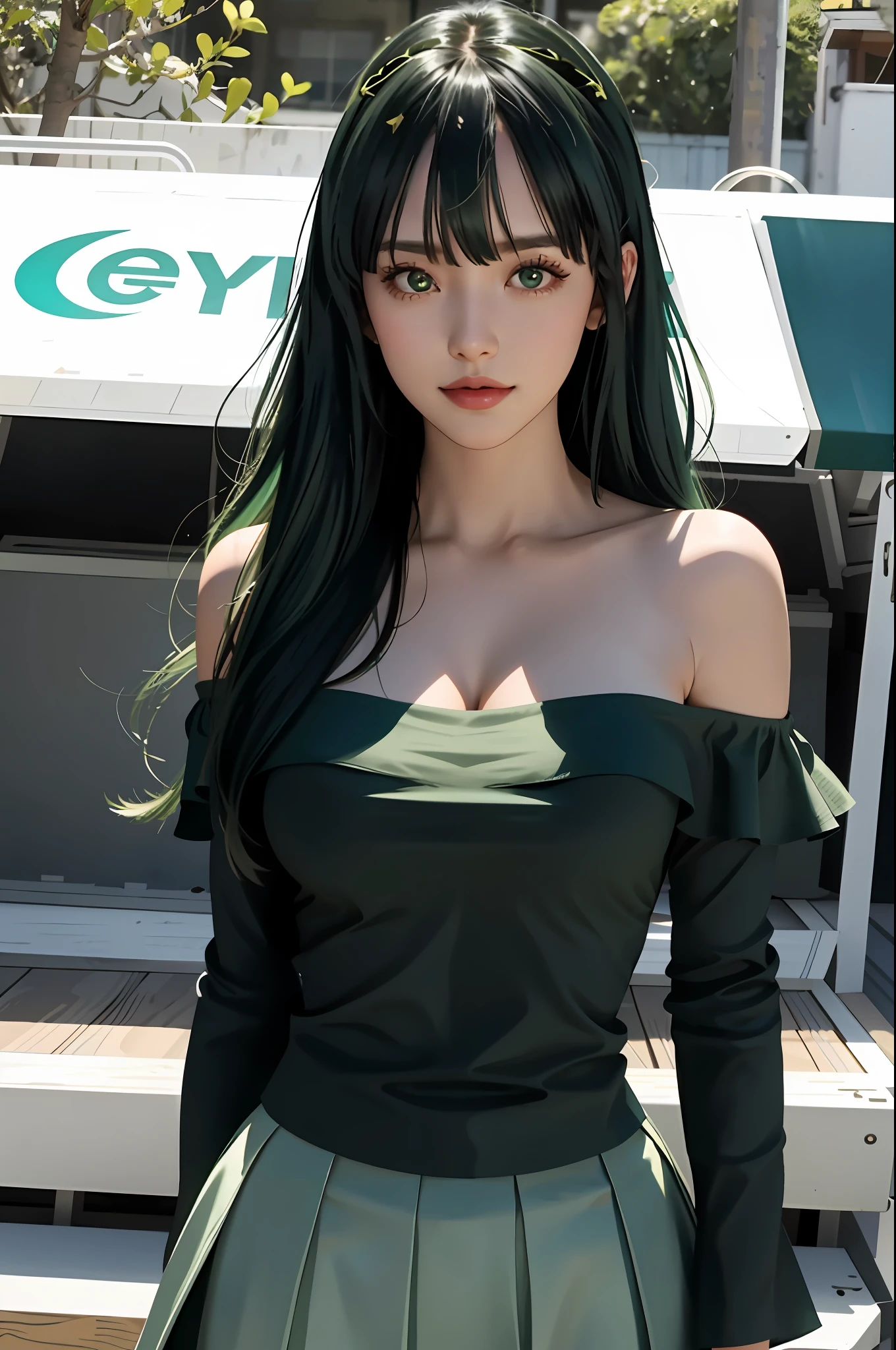"one-girl,masterpiece level work,Best Picture Quality,Facing the camera,cleavage,ssmile,green skirt,Raised sexy,look straight at the camera,long whitr hair,perfect bodies,beachside,Green hair,Off-the-shoulder attire。Large breasts,Top-down view