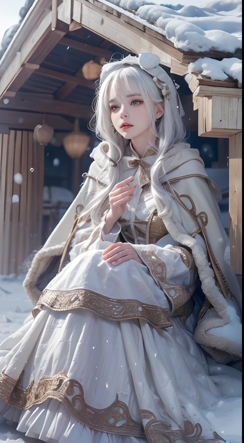 (8K, RAW photo, Photorealistic:1.4)， high resolution, 1 Women, Solo,。.。.。.3D，Sitting,(Lolita costume)，Wear a flowing skirt， Beautiful eyes, White hair, ringed eyes, (sitted，Cloak，Heavy snow)，snowfield