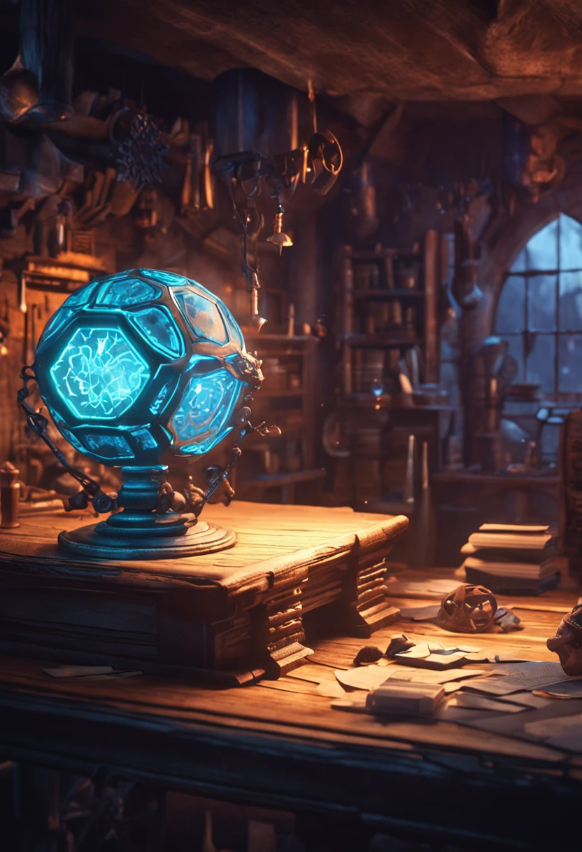 fantasy concept art, glowing blue dodecahedron die on a wooden table, in a cozy fantasy (workshop), tools on the table, artstation, depth of field, 4k, masterpiece