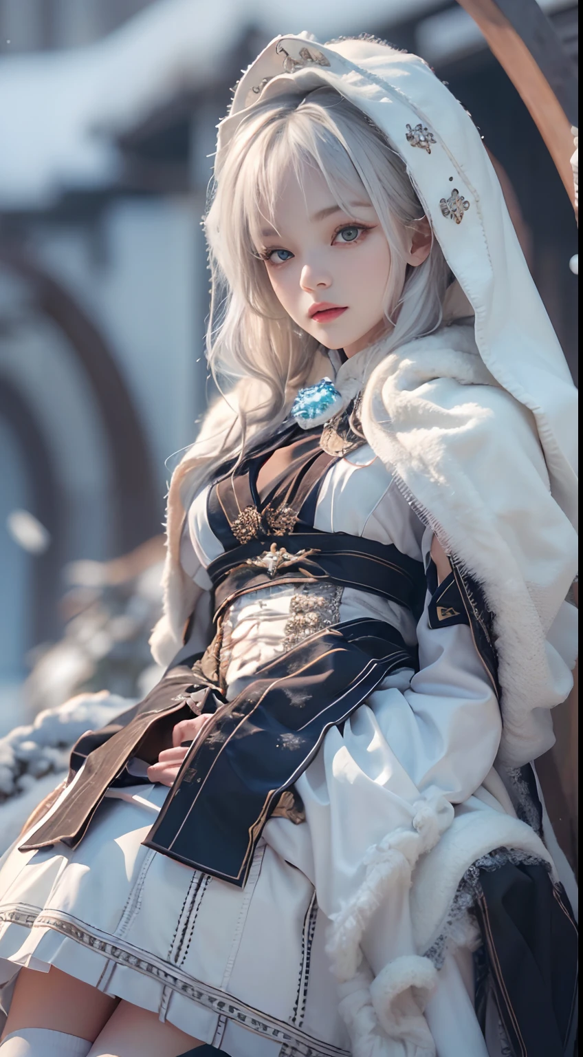 (8K, RAW photo, Photorealistic:1.4), high resolution, 1 Women, Solo,。.。.。.3D,Sitting,(Lolita costume),Wear a flowing skirt, Beautiful eyes, White hair, ringed eyes, (sitted,Cloak,Heavy snow),snowfield