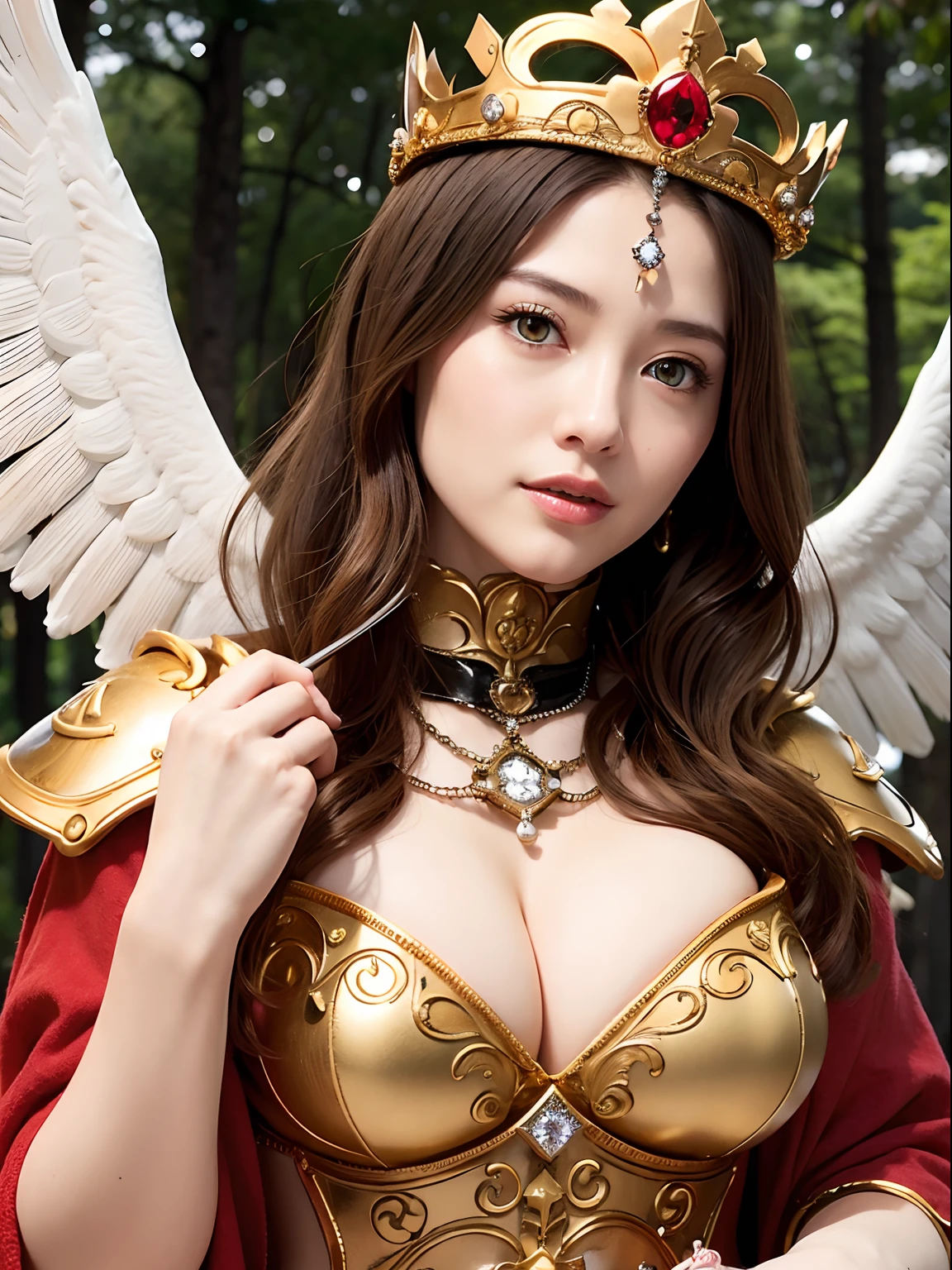 (masutepiece), Professional , ​masterpiece、top-quality、photos realistic , depth of fields 、（Wind element），tornado，Lightning，（Gemstone Silver Metal Body:1.９),(Matte White、(Gangle's forest background),（Brown hair long straight）、Jewel Gold Weapon、（Castle background),Gorgeous metal weapons,(Detailed and realistic angel white wings) , Detailed Sword of the Brave , Beautiful knife 、delicated face、20 years girl  ,warhammer 40k , adepta sororitas,Detail and ornate jewel crown、a blond、(Gangle's forest background)、Beautiful Caucasian beauty、１a person、dynamic ungle,(((Detailed and ornate diamond crown)))、Smaller head、A smile、Pose Seductive、Beautiful thin fingers of a woman、cleavage of the breast、Beautiful ass、Toostock、