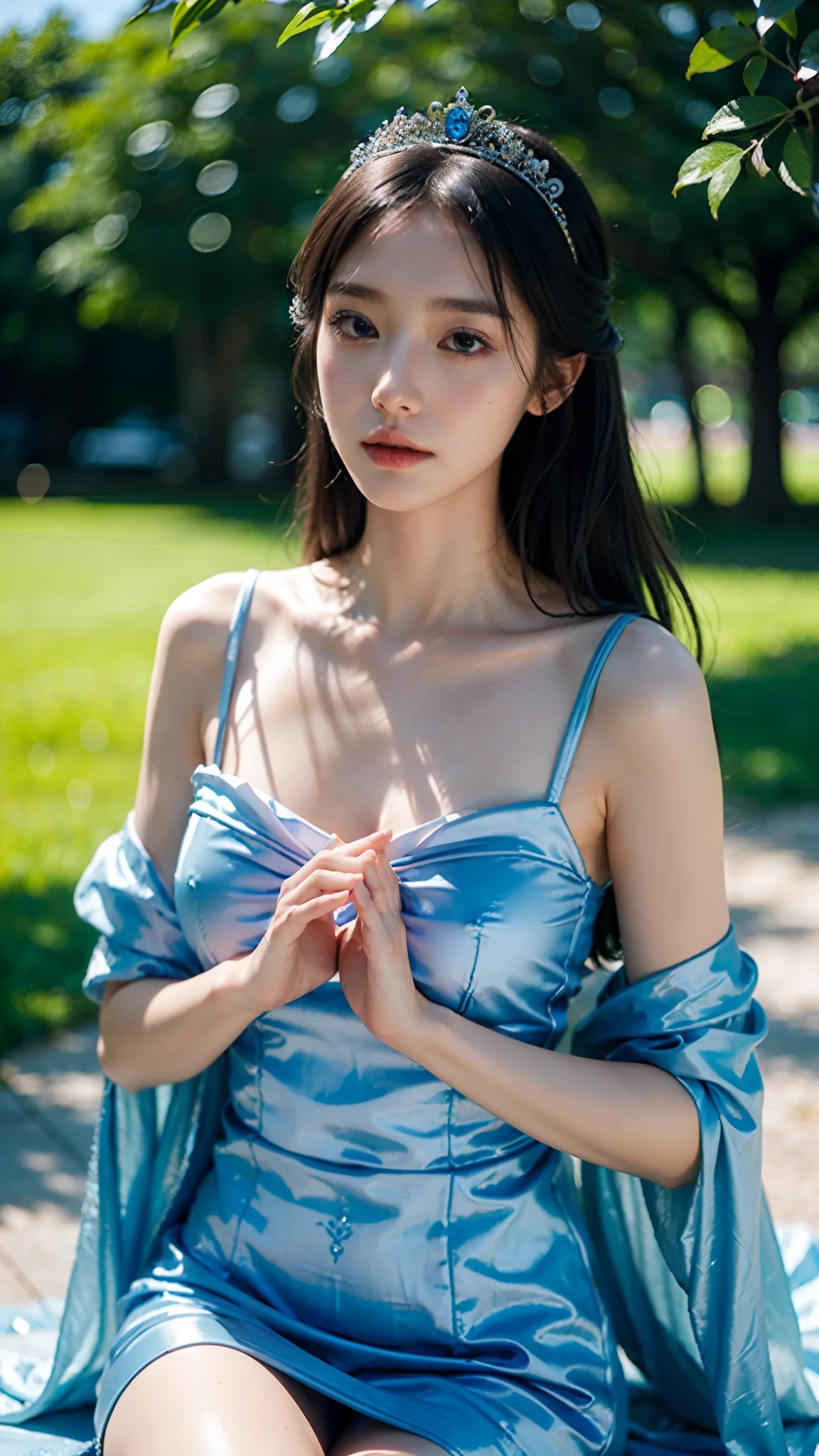 best qualtiy, tmasterpiece, 超高分辨率, Close-up of a woman in a blue-pink flowing gauze dress, close-up all over the body, sexy for, cropped shoulders, show legs, Beautiful age girl, a beautiful fantasy empress, Ethereal beauty, beautiful fantasy maiden, Beautiful goddess, ((a beautiful fantasy empress)), Ethereal fantasy, Detailed scenes, amazing pose, Eye-catching accessories, Picturesque
