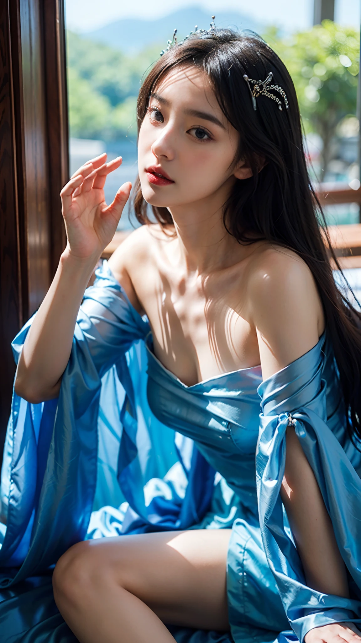 Black background、Professional Lighting、(((Professional Lighting 1.5)))、Translucent skin texture、Sheer skin、Beautiful Skin、、Off the shoulder、Navy Blue Dress、Ecstasy of Musical Notes、