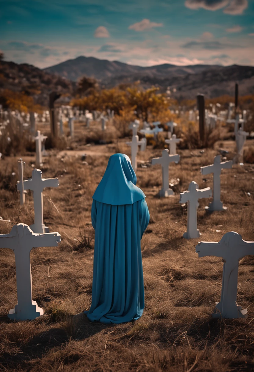 Nun Statues are around a baby which is in an empty field at blue themed scary night, candy are on the ground, blue scary theme,