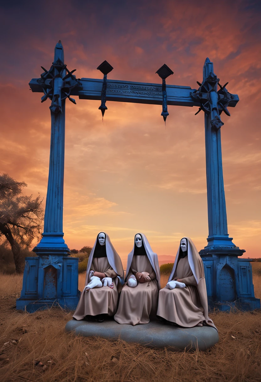 Nun Statues are around a baby which is in an empty field at blue themed scary night, candy are on the ground, blue scary theme,