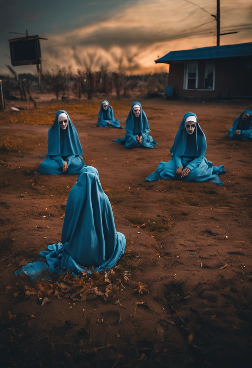Nun Statues are around a baby which is in an empty field at blue themed scary night, candy are on the ground, blue scary theme,