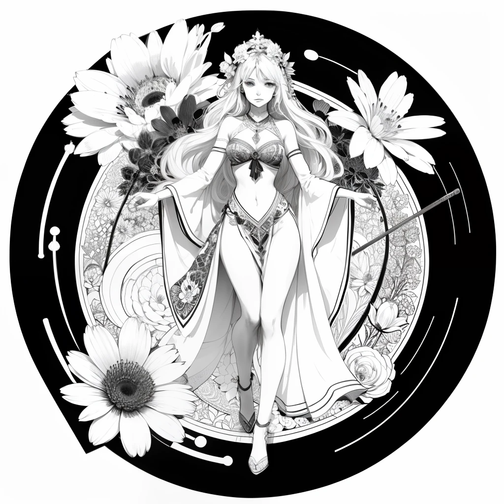 Black and white stick figure, line drawing, fine line art, flowers and goddesses