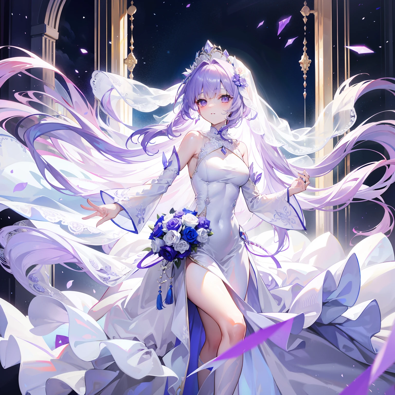 Light lilac fluffy and sparse long hair，Liquid crystal class，The wedding dress is as clear as a tassel，Very nice and beautiful young lady，Wedding dress
