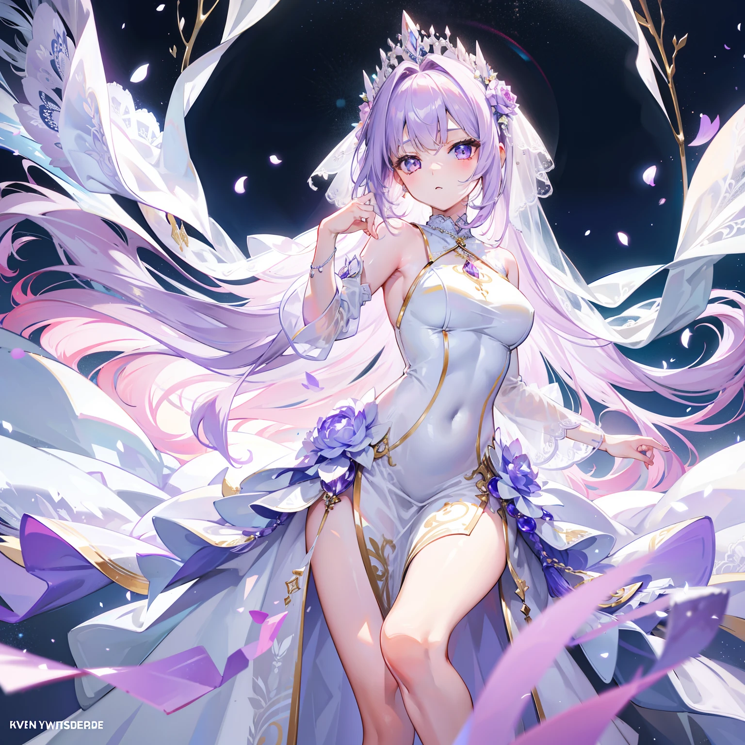 Light lilac fluffy and sparse long hair,Liquid crystal class,The wedding dress is as clear as a tassel,Very nice and beautiful young lady,Wedding dress,There is a looming hazy beauty