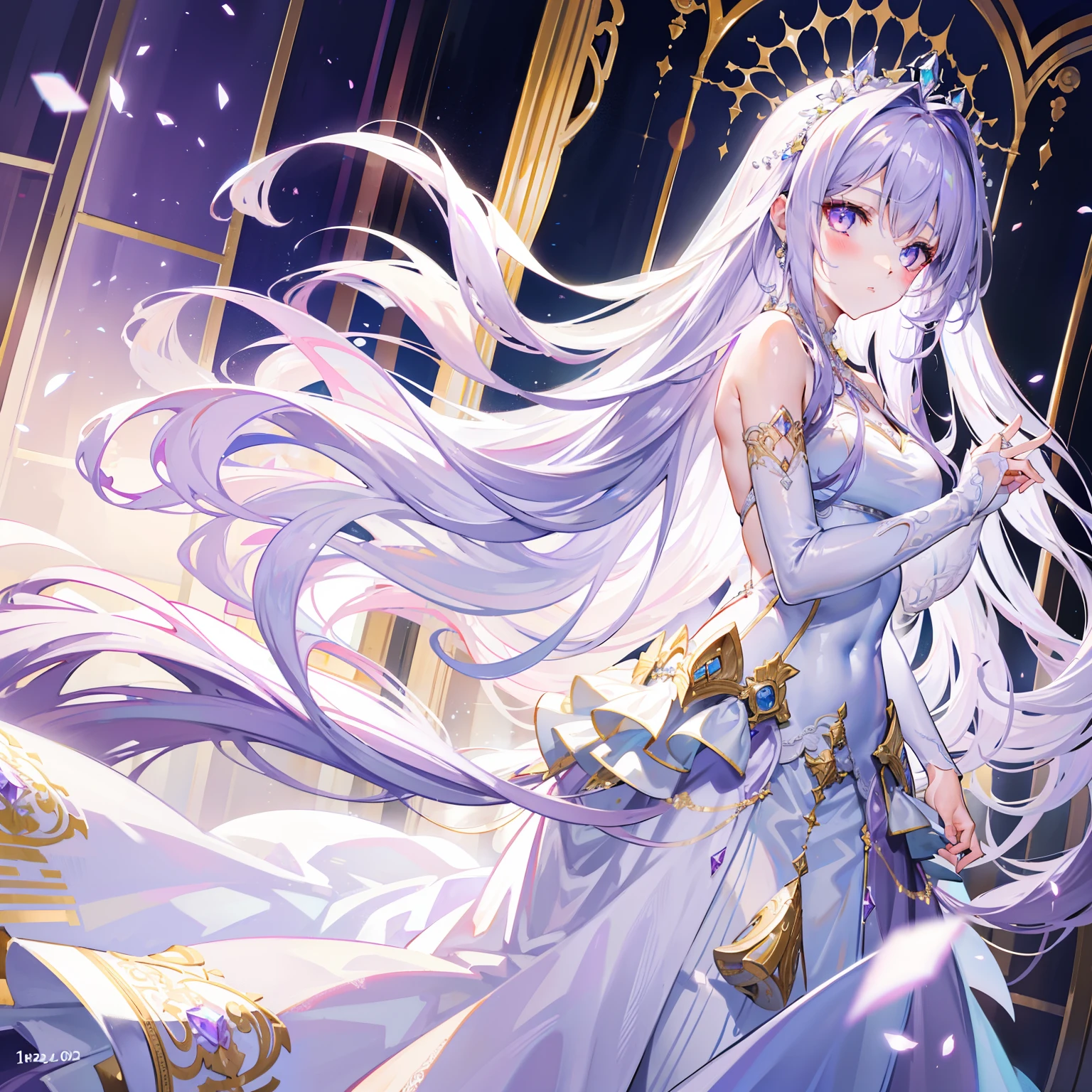 Light lilac fluffy and sparse long hair,Liquid crystal class,The wedding dress is as clear as a tassel,Very nice and beautiful young lady,Wedding dress,There is a looming hazy beauty