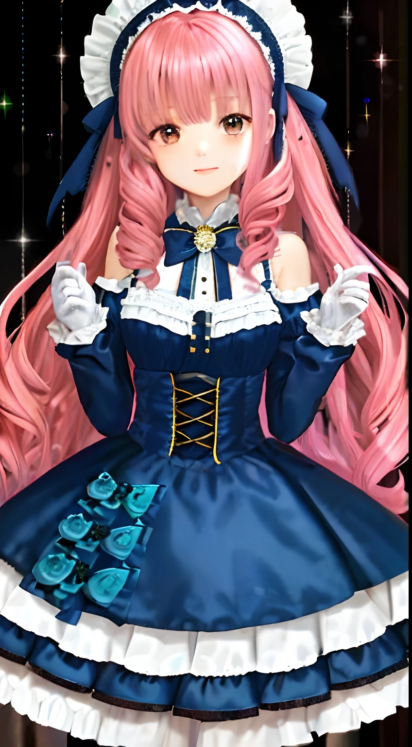 1girl in, Extreme Detail, Lolita, Lolita Fashion, frilld, intricate and gorgeous, gloves, afternoon tea, Ponette has, Curly hair, buttoning, cream, Colorful, Pink hair, Blue hair, gradient pick dye, candy, Glossy crystal, shiny, light Particle, Dynamic Pose, dramatic compositions, candy hair accessories, Colorful dresses, pearls, Flowers, embroidery, Gemsets