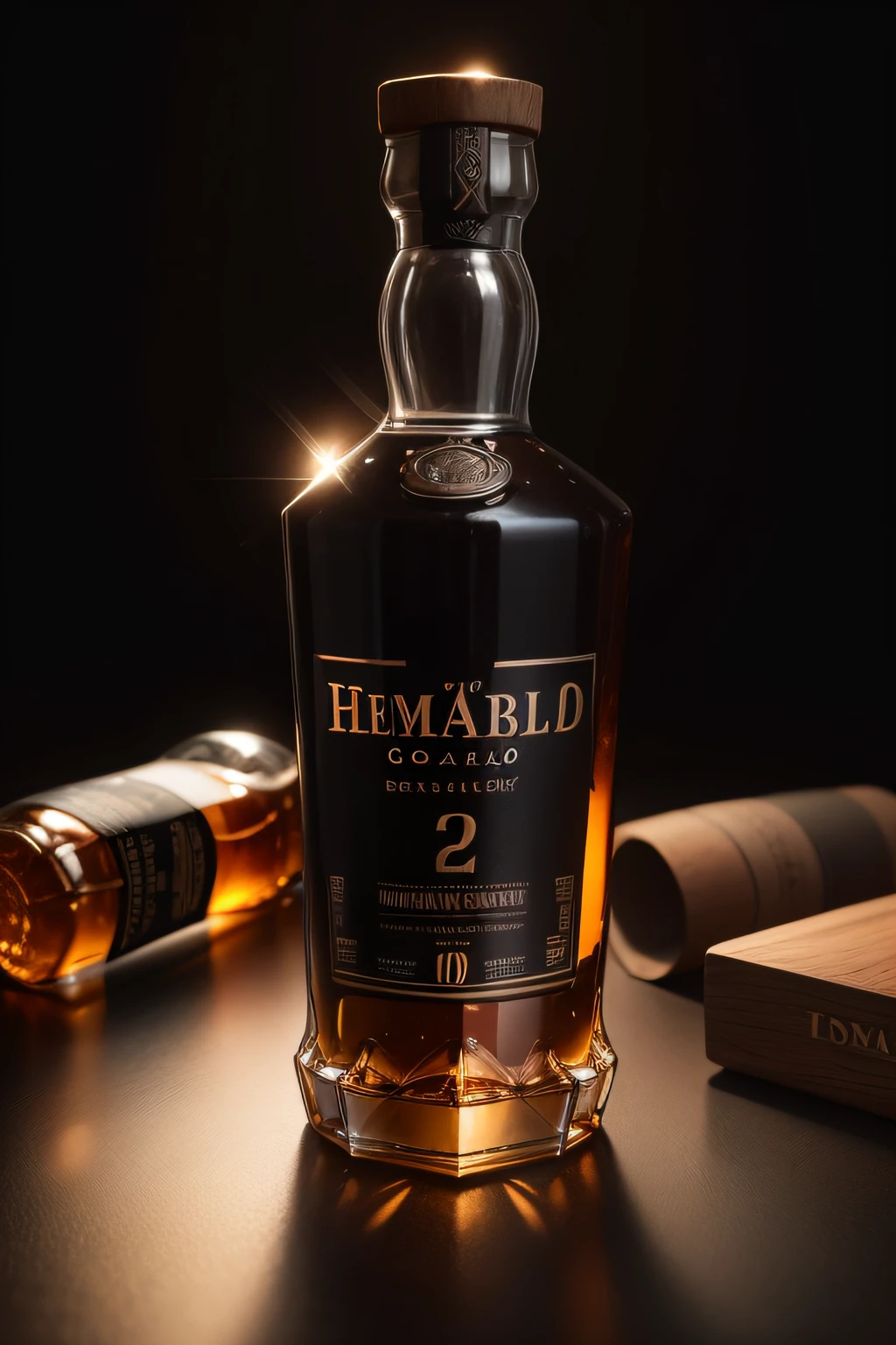 High-quality photograph of a glass of whisky and a bottle of Red Label whisky on a black background, con hielo derramado, and low-key studio lighting