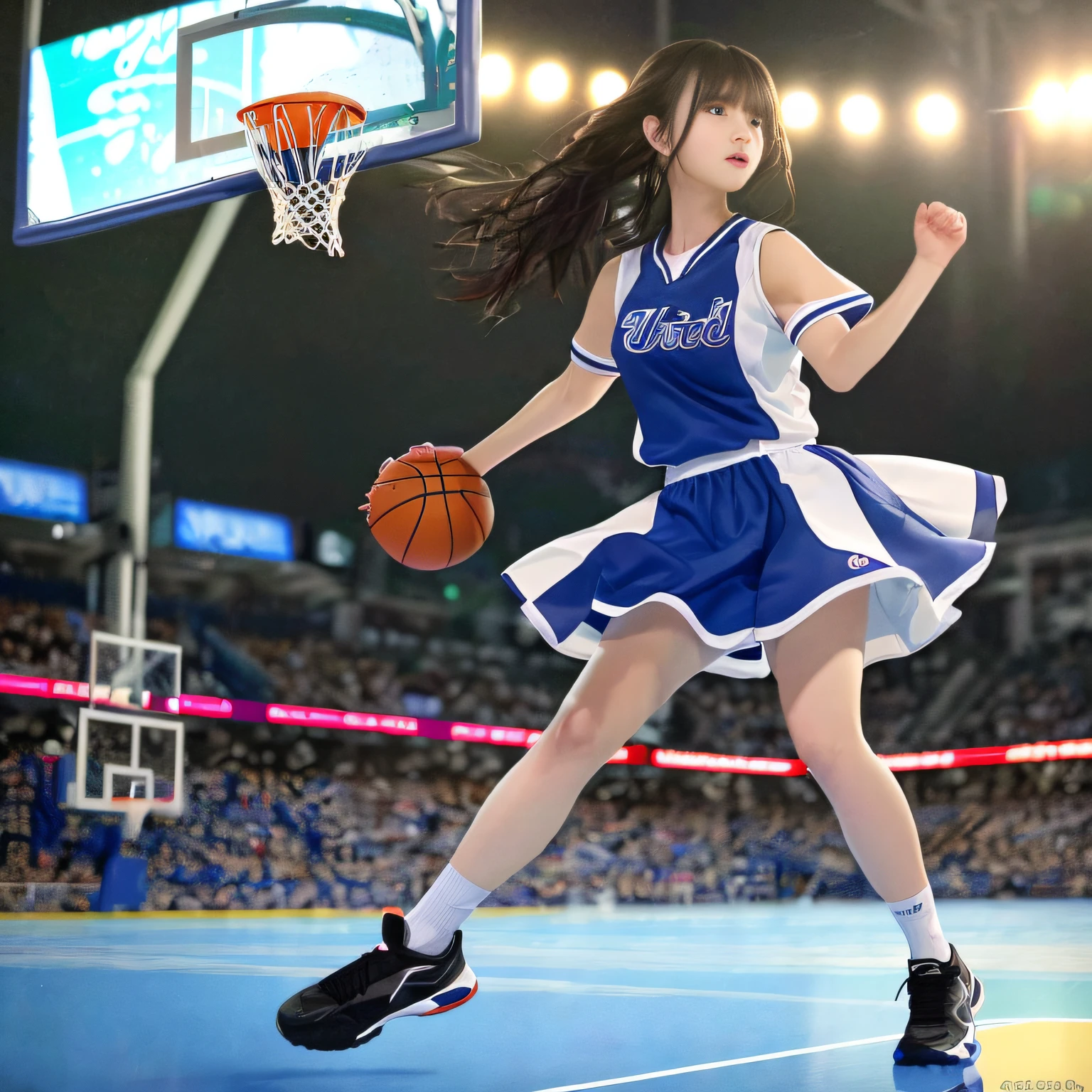 RAW image quality, (8k、top-quality、​masterpiece:1.2)、(realisitic、realisitic:1.37)、ultra-detailliert、top-quality、超A high resolution、Professonal lighting、photon maping、Radio City、Physically Based Rendering、Cinematographic lighting、basketball court、depth of fields、Clear Focus、sunlights、good compositions、(bokeh dof:1.2)1girl in、独奏、(full bodyesbian)、(Mouth closed)、beautifully detailed eyes、the pose、narrow waists、Basketball Uniforms、A dark-haired、hair messy、 long hair blowing in the wind、(ulzzang-6500:1.2)mix4、Hickbody