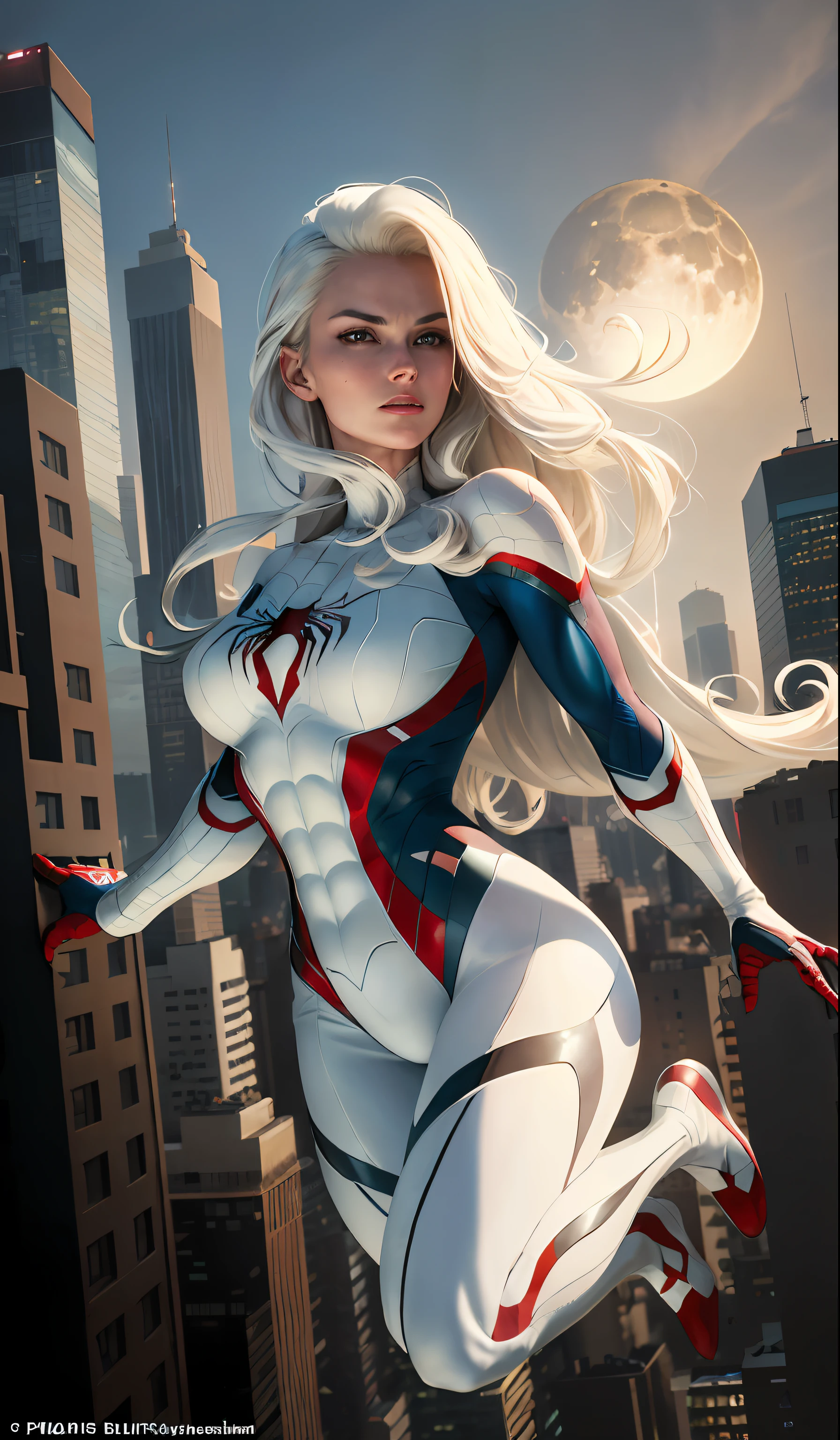 (Masterpiece, 4k resolution, ultra-realistic, very detailed), (White superhero theme, charismatic, there's a girl on top of town, wearing Spider-Man costume, she's a superhero), [ ((25 years), (long white hair:1.2), full body, (blue eyes:1.2), ((Spider-Man pose),show of strength, jumping from one building to another), ((sandy urban environment):0.8)| (cityscape, at night, dynamic lights), (full moon))] # Explanation: The Prompt mainly describes a 4K painting of ultra-high definition, very realistic, very detailed. It shows a superheroine at the top of the city, wearing a Spider-Man costume. The theme in the painting is a white superhero theme, the female protagonist has long white hair, is 25 years old and her entire body is shown in the painting. In terms of portraying the actions of superheroines, spiders are employed