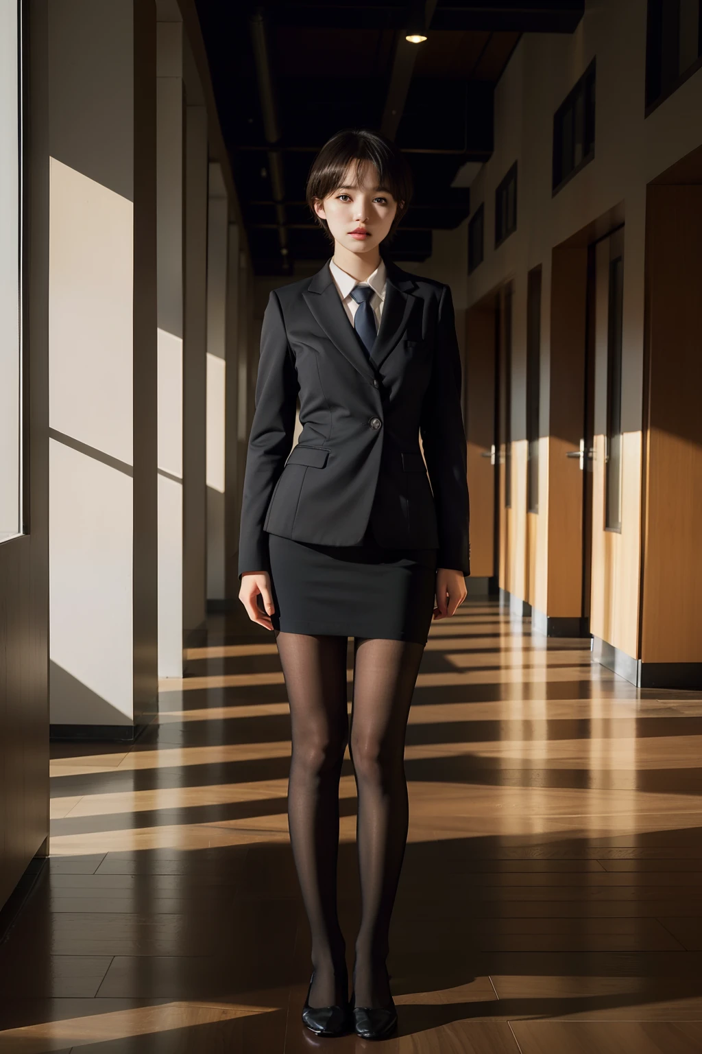 Best quality, full body portrait, delicate face, pretty face, woman, short haircut, slim figure, large bust, OL uniform, office clothes, tan stockings, no shoes, high rise office scene, standing position