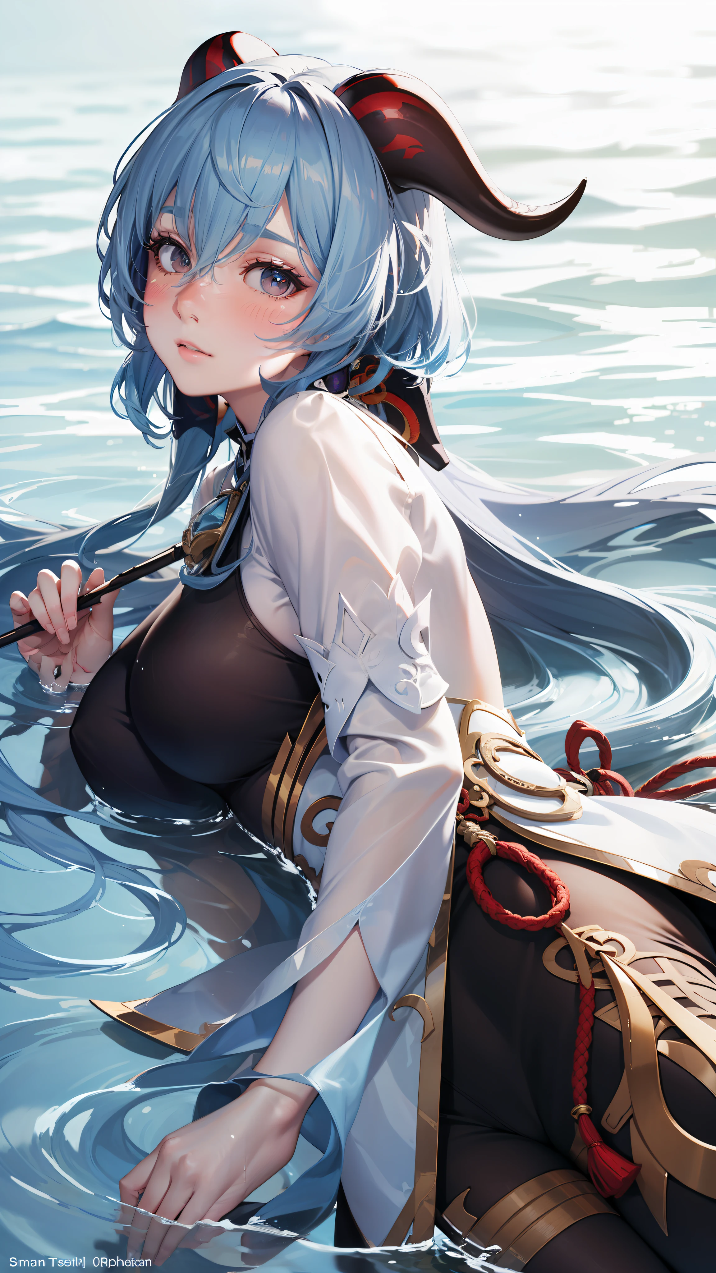 Ganyu, genshin impact, photorealistic:1.49, film grain:1.49, (masterpiece), (intricate details), 1girl, solo, mature female, large breasts, ganyu, ((light blue hair)), ((blush)), goat horns, white sleeves, ((white top)), half body portrait, half body, lying, lying on water, drawn, face at water, hair on water, messy hair, (best quality), looking at viewer, view from above, head on water, from side, lying from side, safe for work (sfw),