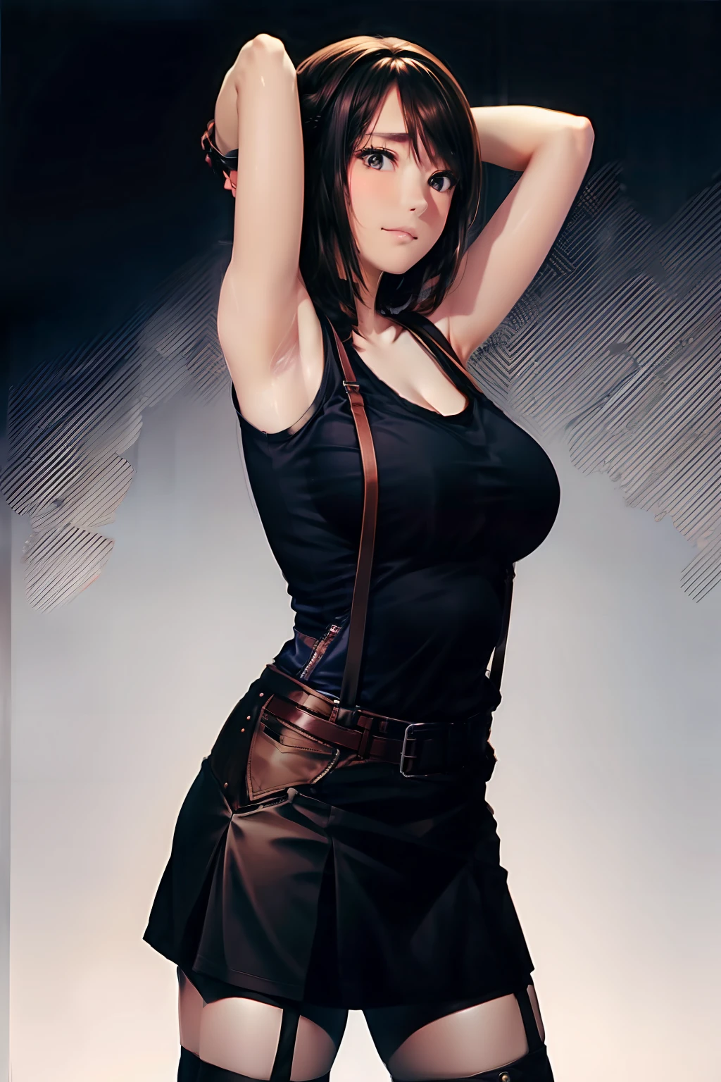 a black skirt, Tank Tops suspenders, Brown hair short, Gray eyes, holster, Garter belt on the legs, Big breasts and tight clothes, a belt Armpit sweat Fold your hands behind your head deadpan