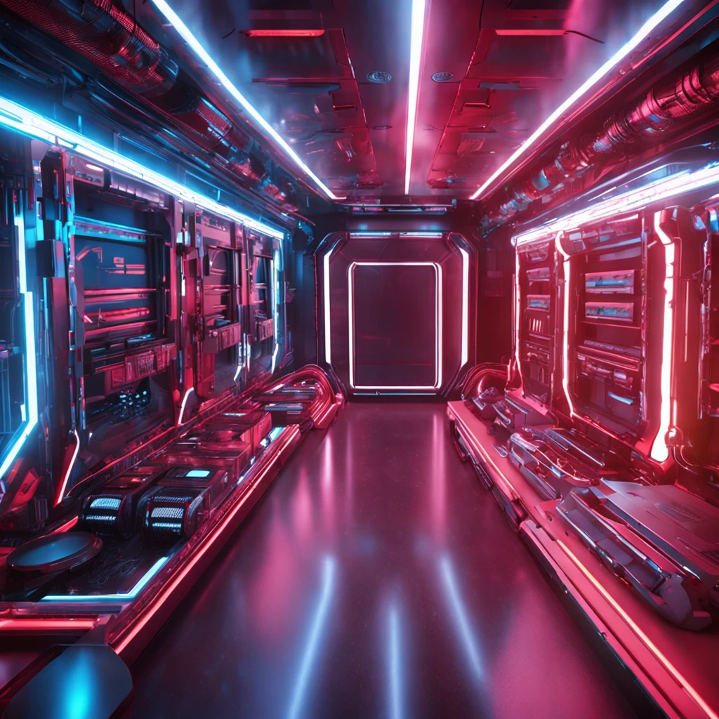 There is a square storage platform in the spacecraft, which is mechanical style and metallic texture. The whole storage is covered with luminous circuit tubes, and the storage is wrapped by machinery. The overall light effect of red and blue contrast, strong metallic style, Cyberpunk surreal, 8K.