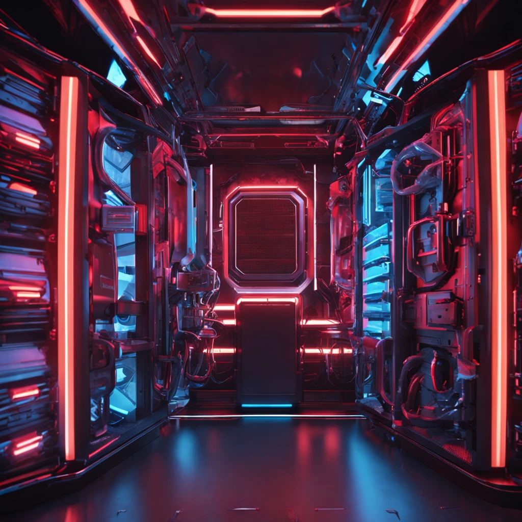 There is a square storage platform in the spacecraft, which is mechanical style and metallic texture. The whole storage is covered with luminous circuit tubes, and the storage is wrapped by machinery. The overall light effect of red and blue contrast, strong metallic style, Cyberpunk surreal, 8K.