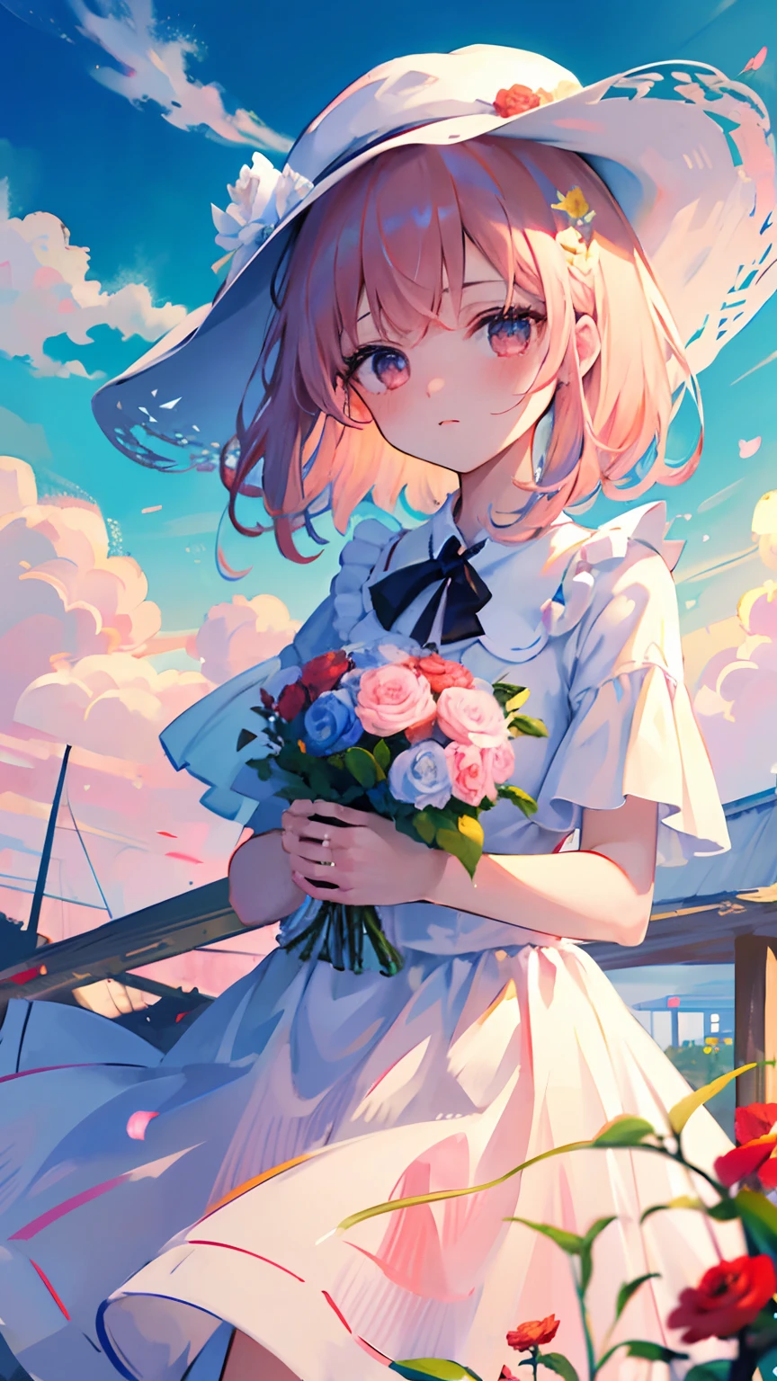 ((Masterpiece, Best quality)), 1girll, flower, Solo, dress, Holding, sky, Cloud, Hat, Outdoors, bangs, Bouquet, Rose, Expressionless, Blush, Pink hair, flower  field, Red flower, Pink eyes, White dress, view the viewer, medium haired, holding flower, Small breasts, Red rose, holding flower bouquet, Sun hat, White headwear, Depth of field