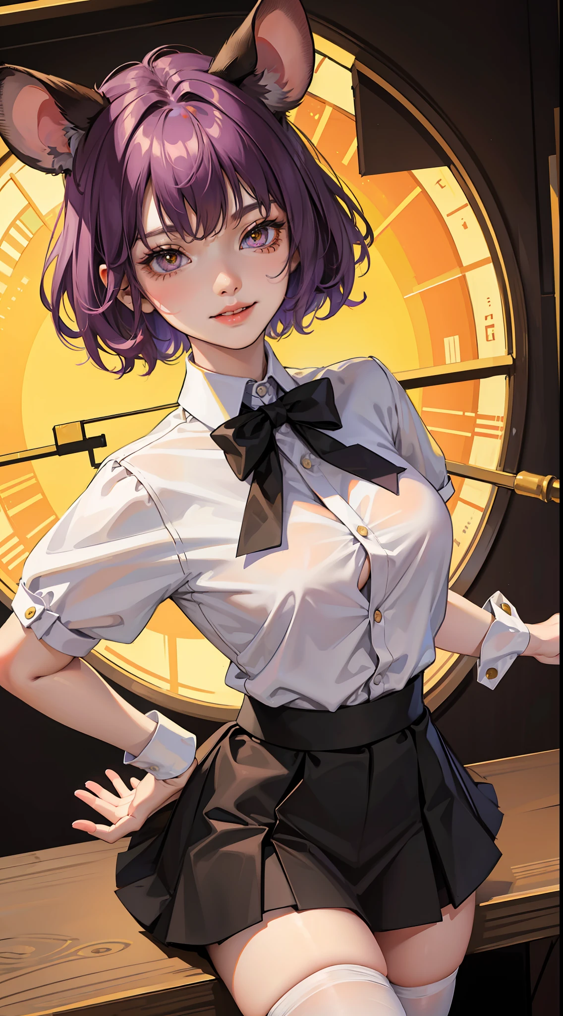 young girl, short purple hair, Yellow eyes, Mouse ears, tight white shirt with bow tie, tight black skirt, open breasts, Languid look, Lustful smile, Masterpiece, hiquality